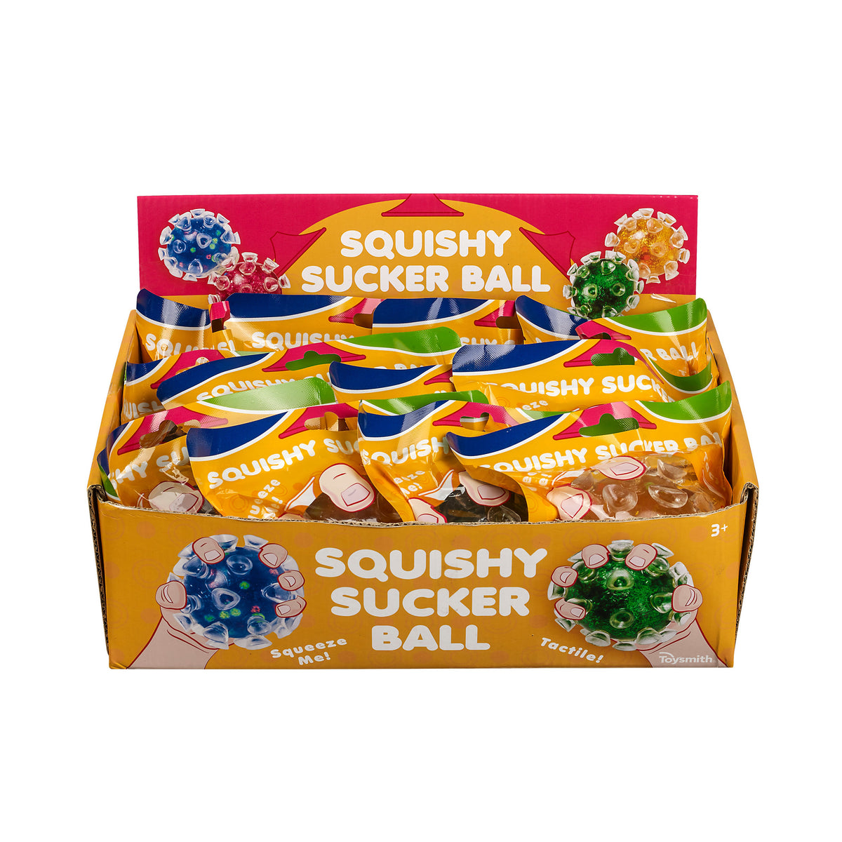 A colorful Toysmith display box labeled "Toysmith Squishy Sucker Ball" holds multiple mesh-covered sensory balls in assorted colors, each individually packaged, with illustrations of hands squeezing the squishy balls on the box.