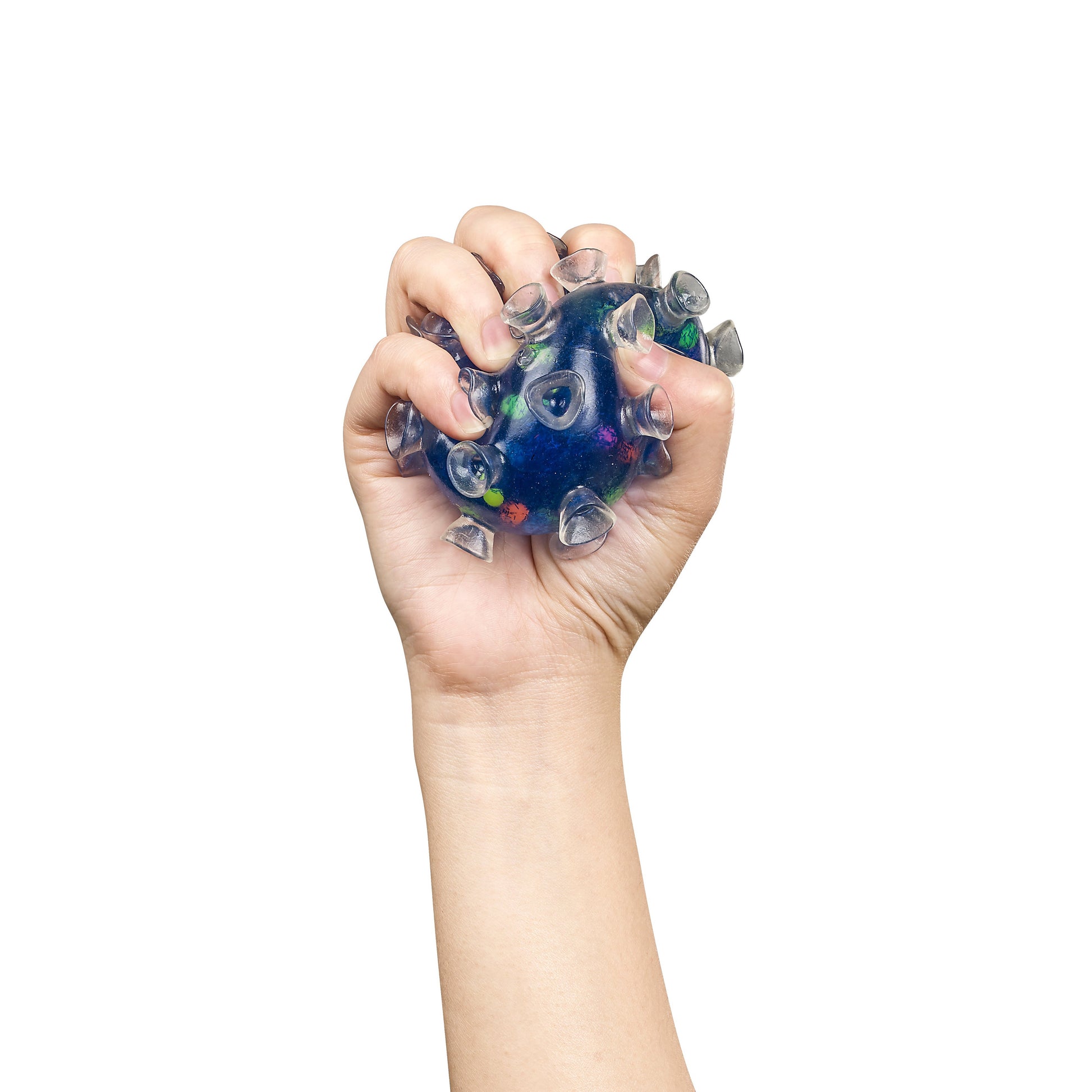 A hand squeezes the Toysmith Squishy Sucker Ball by Toysmith, a blue sensory toy with clear suction cups and colorful beads inside, against a white background.