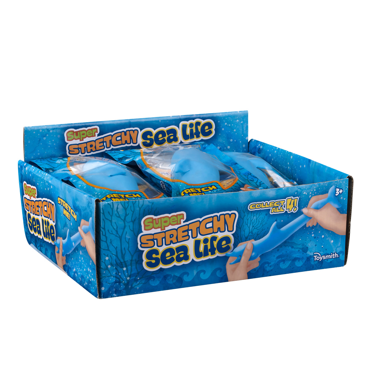 A Toysmith Super Stretchy Sand Filled Sea Life display box contains blue stretchy ocean creatures in plastic packaging. The box shows ocean graphics, hands stretching a blue toy, and "Collect all 4!" text. Brand: Toysmith.
