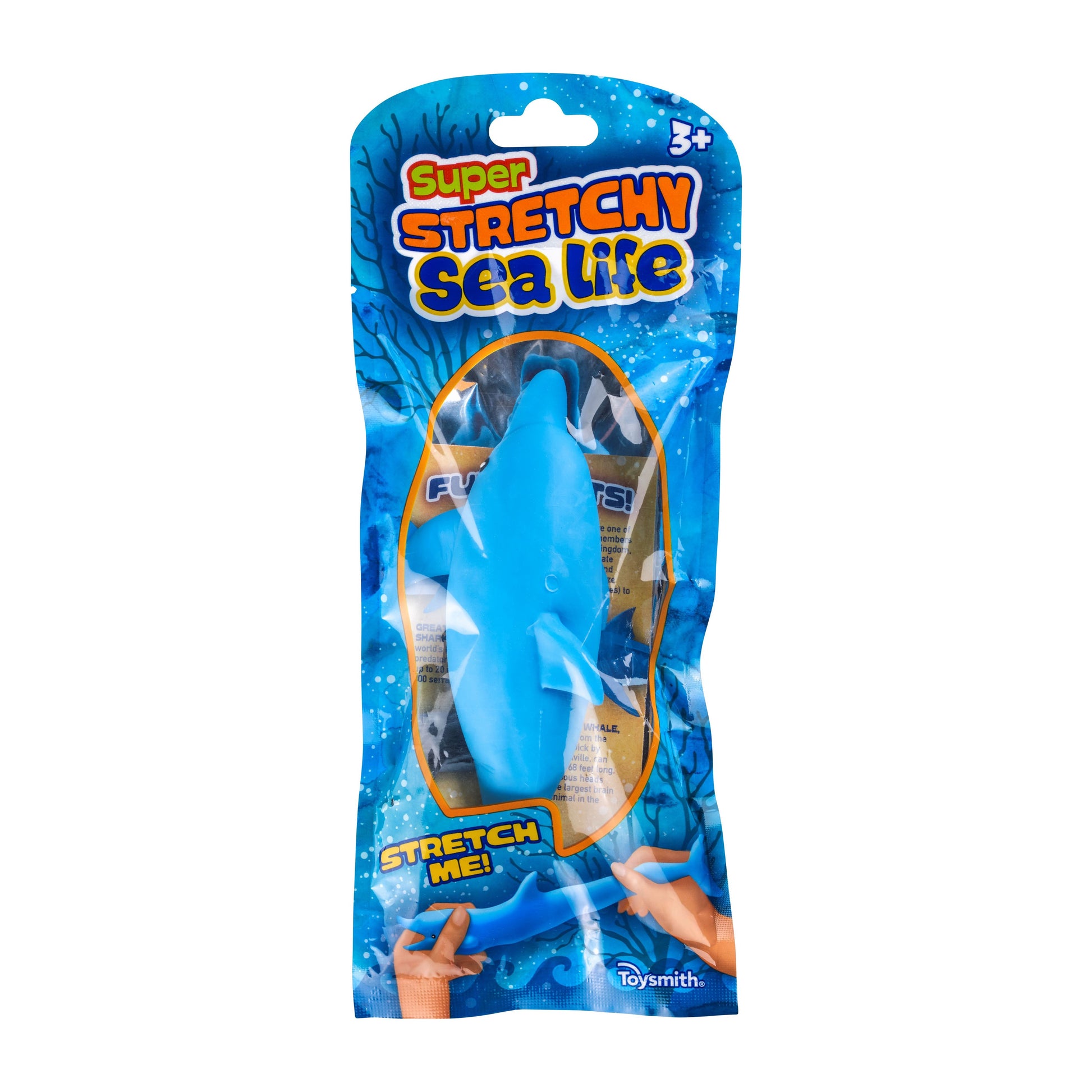 The Toysmith Super Stretchy Sand Filled Sea Life by Toysmith features a blue stretchy shark in underwater-themed packaging. Great for ages 3+ and perfect for ocean lovers, the box shows hands stretching the toy for sensory fun.