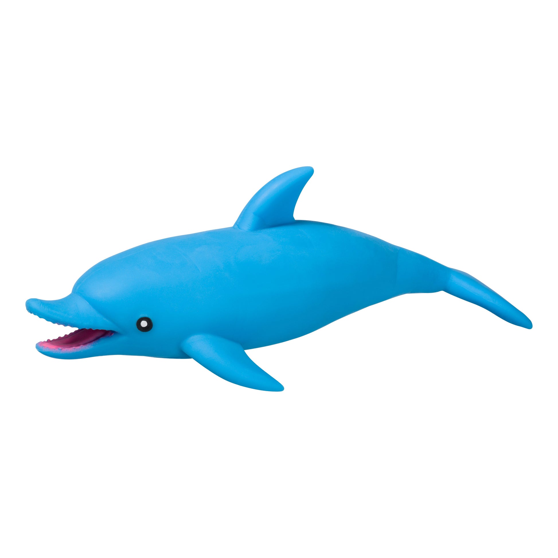 The Toysmith Super Stretchy Sand Filled Sea Life dolphin features a blue, smiling face with an open pink mouth and simple details—ideal for sensory ocean play. From Toysmith, shown on a white background.