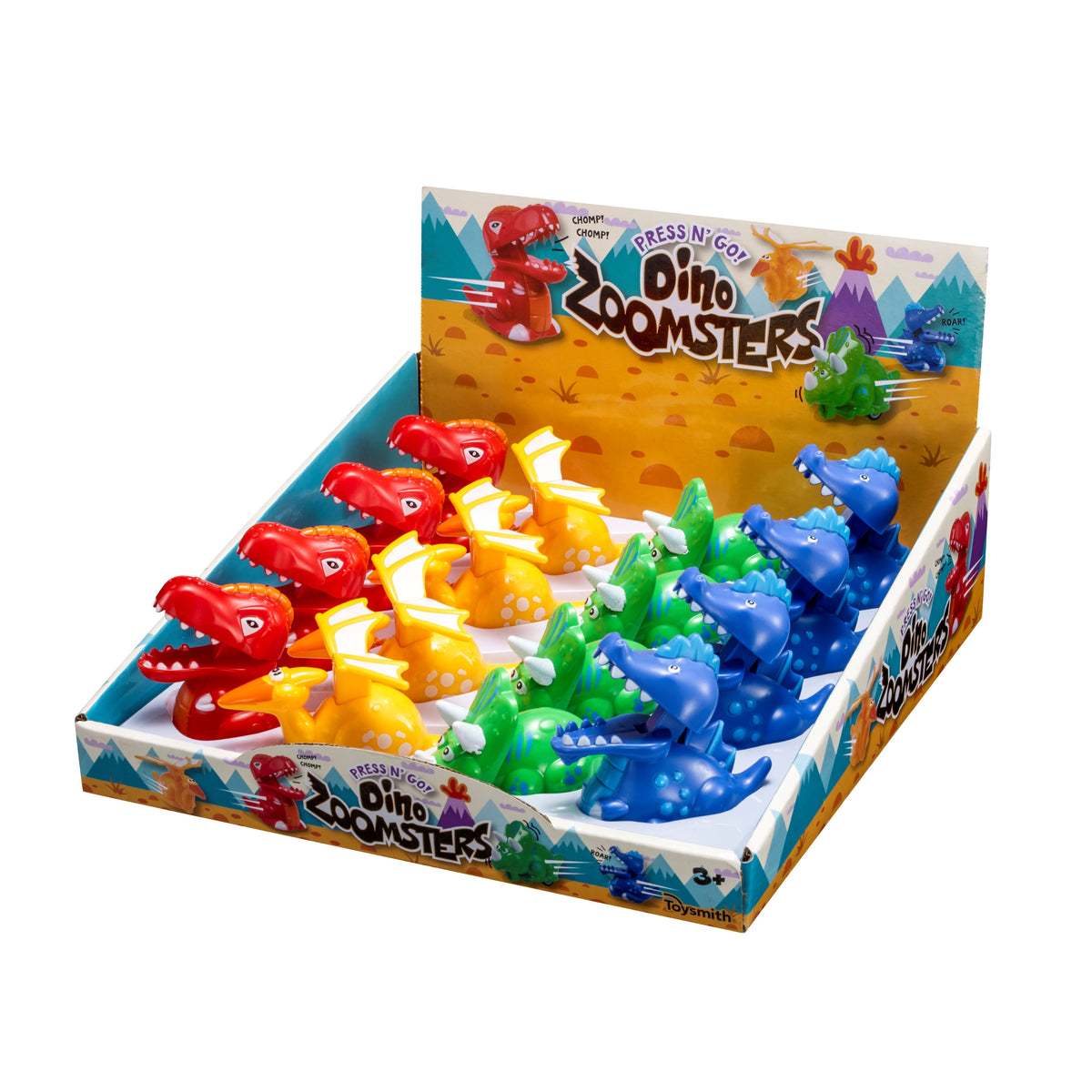 A display box of Toysmith Dino Press N' Go Zoomers features rows of red, yellow, green, and blue dinosaur racing toys with wheels, set against a mountain and tree backdrop.