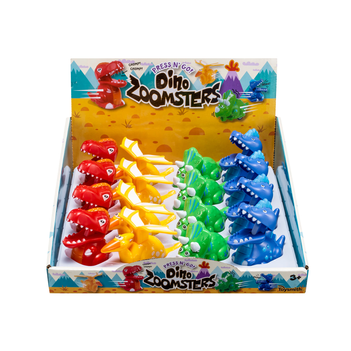 A display box of Toysmith Dino Press N' Go Zoomers features plastic dinosaur toys in four colors—red, yellow, green, and blue—arranged in rows. The Toysmith packaging has cartoon dinosaurs and a playful racing dino theme.