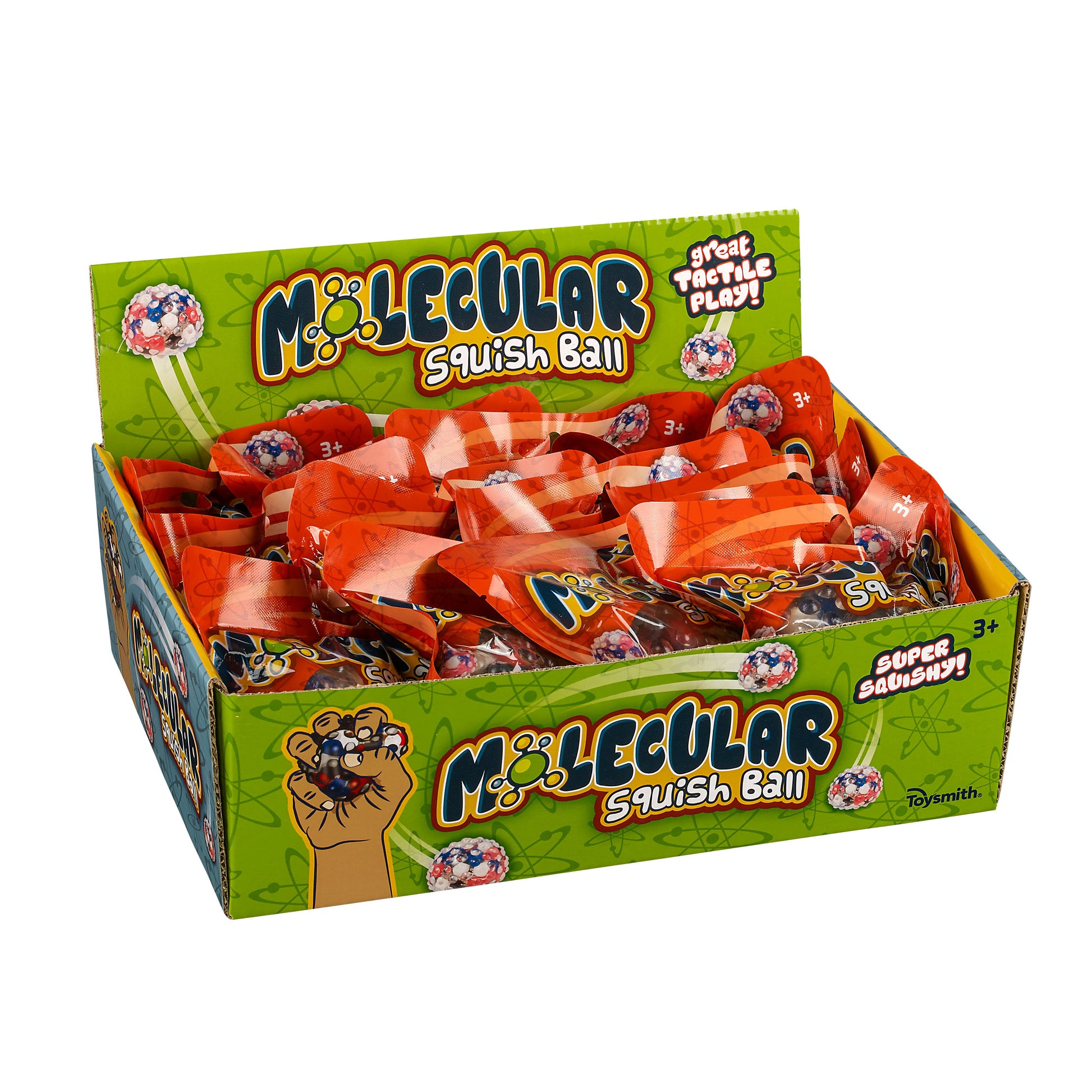 A green Toysmith display box labeled "Toysmith Molecular Squish Ball" holds multiple orange-wrapped sensory toys with playful cartoon packaging, promoting stress relief and fine motor skills for ages 3+.