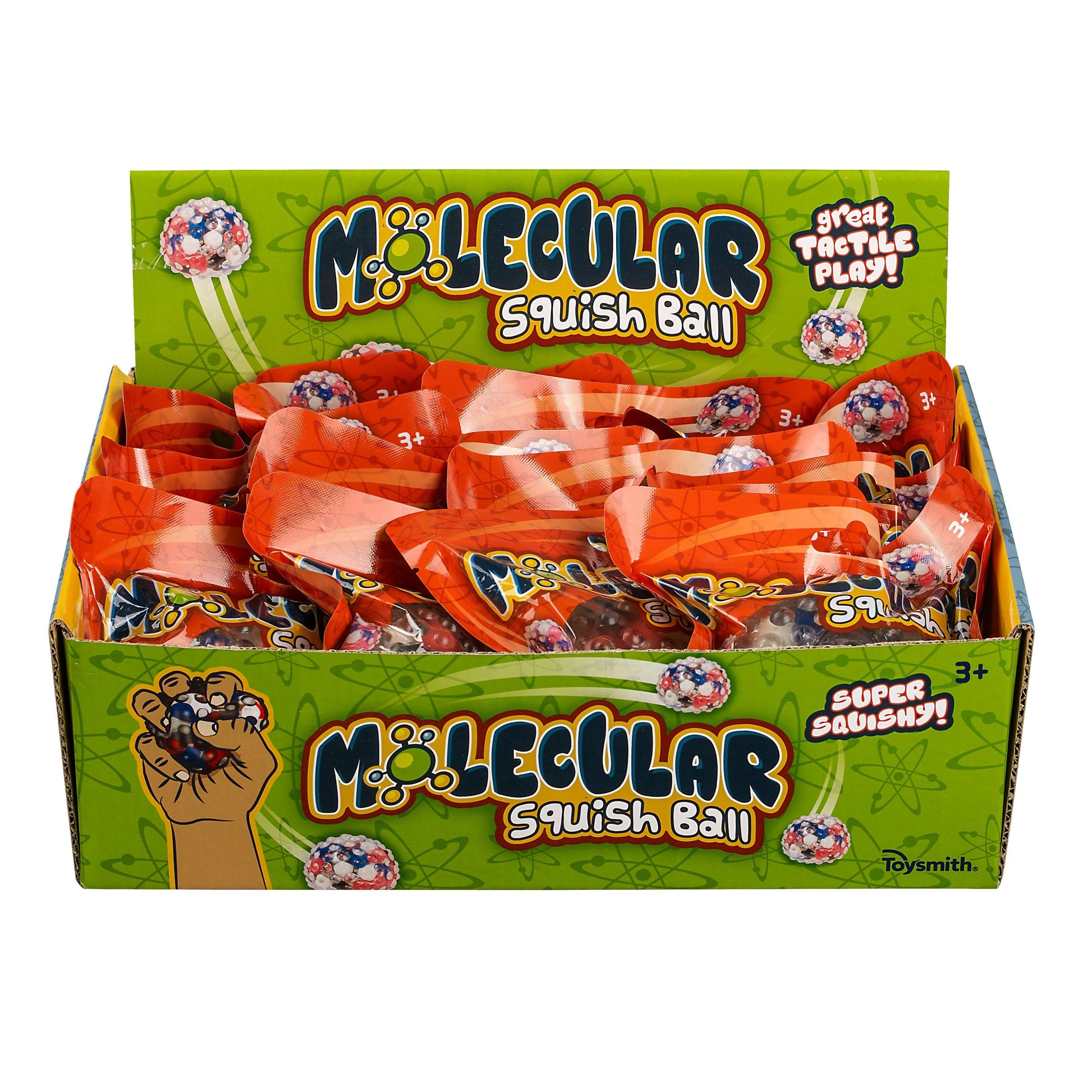 A green display box marked "Toysmith Molecular Squish Ball" holds orange-wrapped squish balls. This Toysmith sensory toy provides super squishy fun, stress relief, and helps enhance fine motor skills.