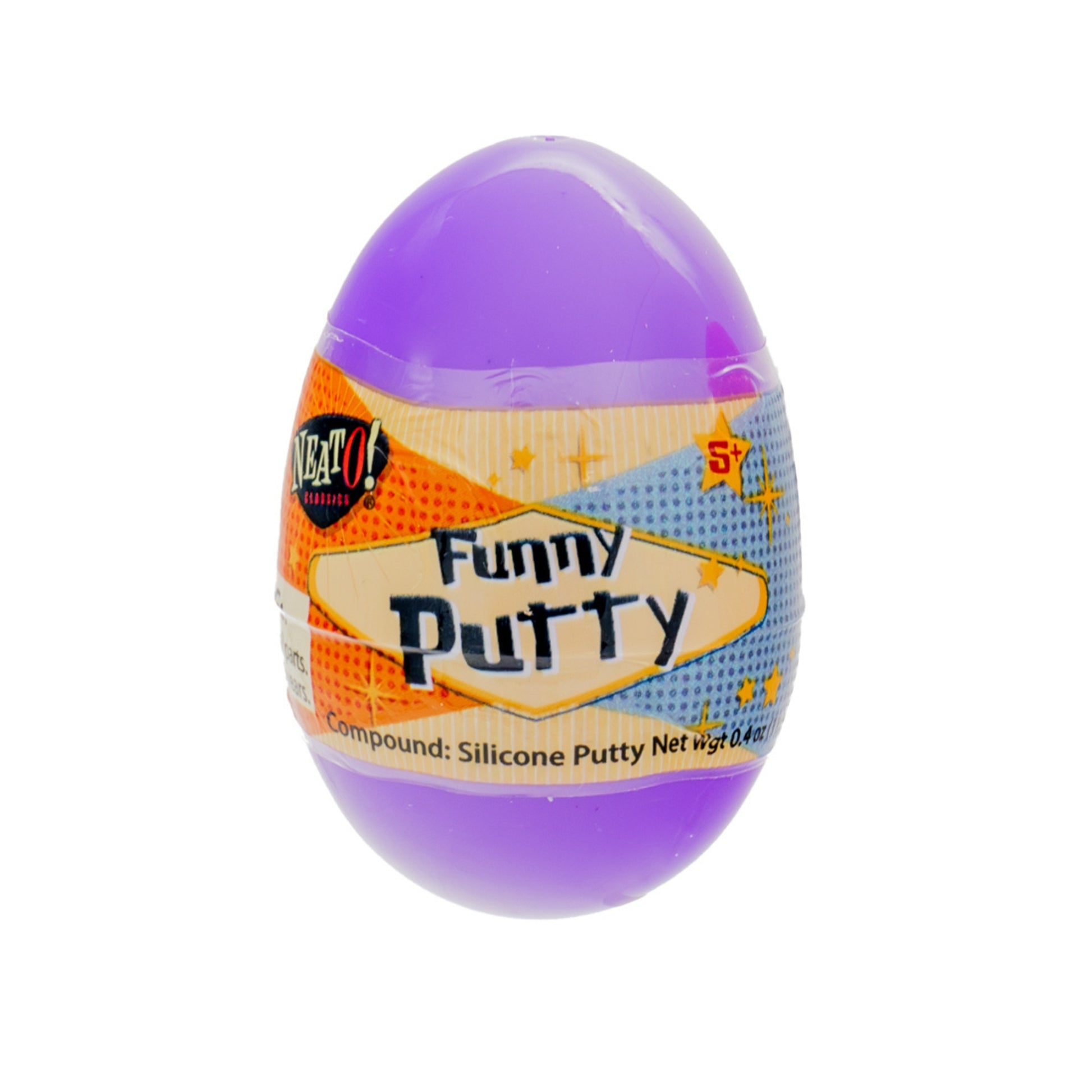 The Neato! Funny Putty is a purple, egg-shaped container with a colorful star label, filled with silicone putty. Ideal for creative, hands-on sensory play for kids ages 5 and up.