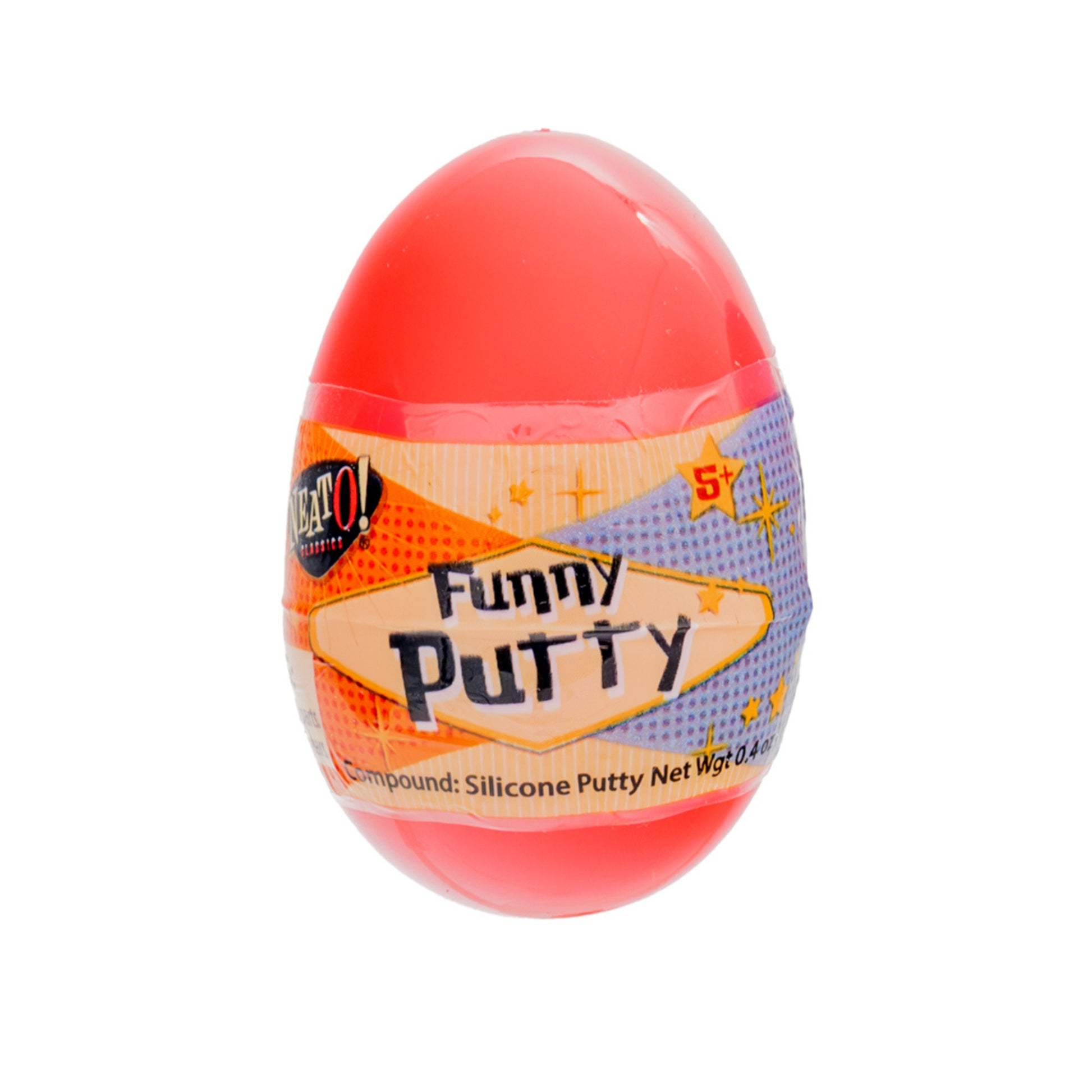 Neato! Funny Putty is a red, egg-shaped plastic container featuring colorful graphics and stars. This sensory toy is designed for children ages 5 and up.