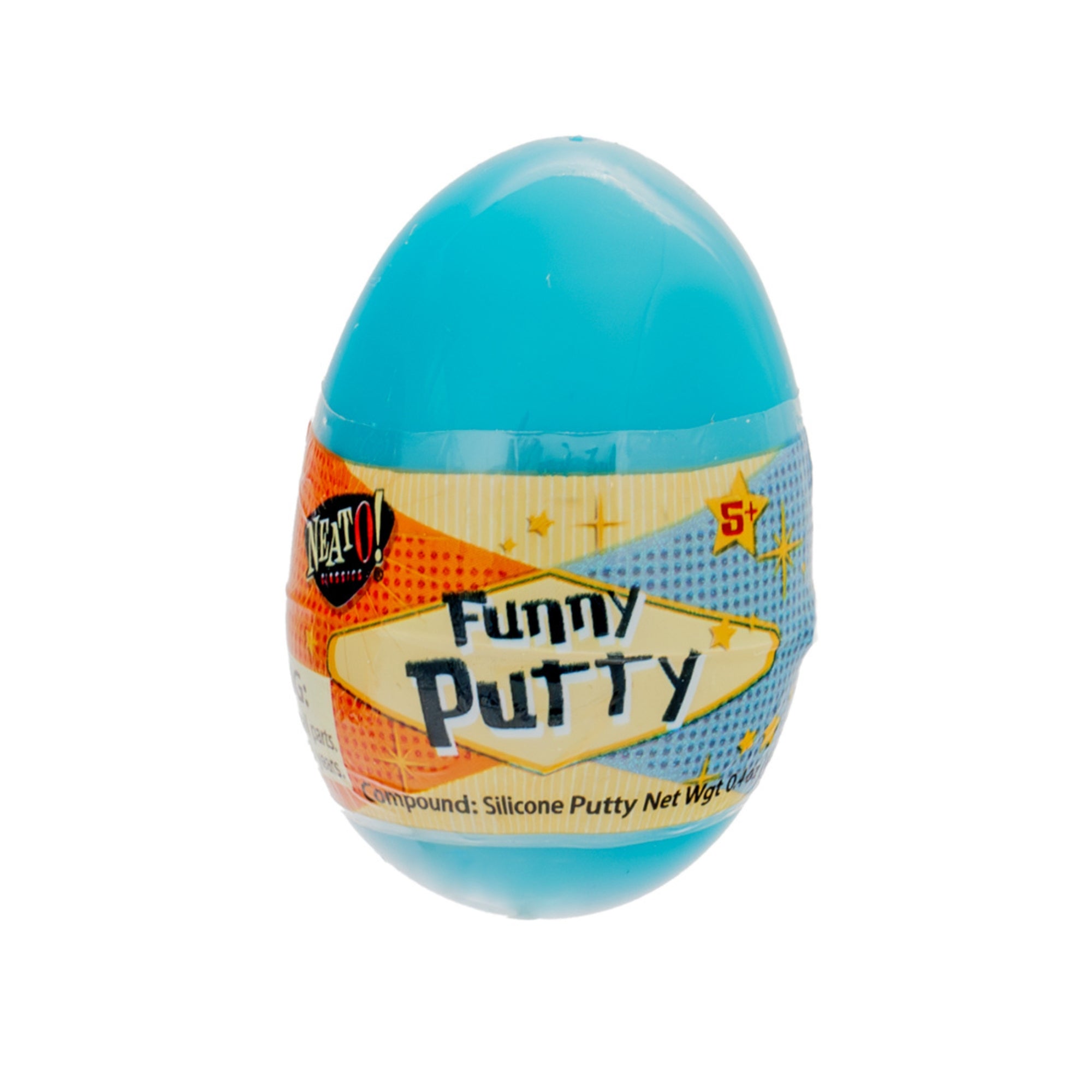 The Neato! Funny Putty is a blue, egg-shaped plastic container with colorful stars and a yellow-orange background, labeled for ages 5+—a fun sensory toy perfect for creative play.