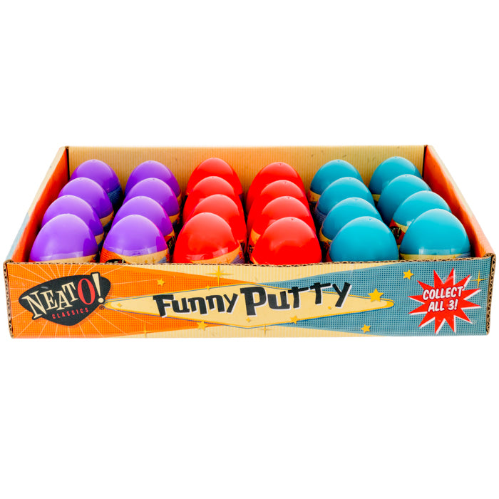 A Neato! display box labeled "Funny Putty Assortment" showcases this classic sensory toy in large purple, red, and teal eggs. The vintage-style box features the Neato! brand and the text "Collect All 3!.