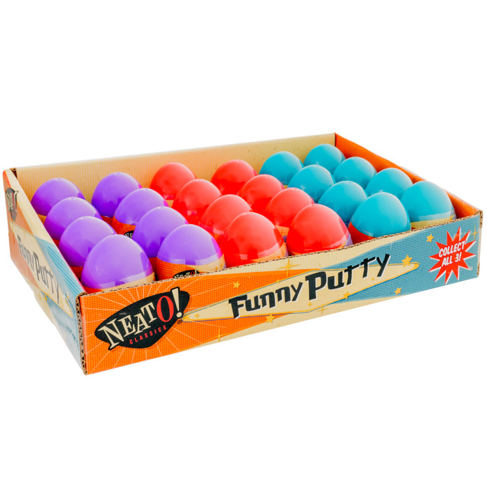 A display box labeled Neato! Funny Putty Assortment holds red, blue, and purple eggs. Made by Neato!, this hands-on toy promotes playful fun, with a sign on the box that says “Collect All 3!”.