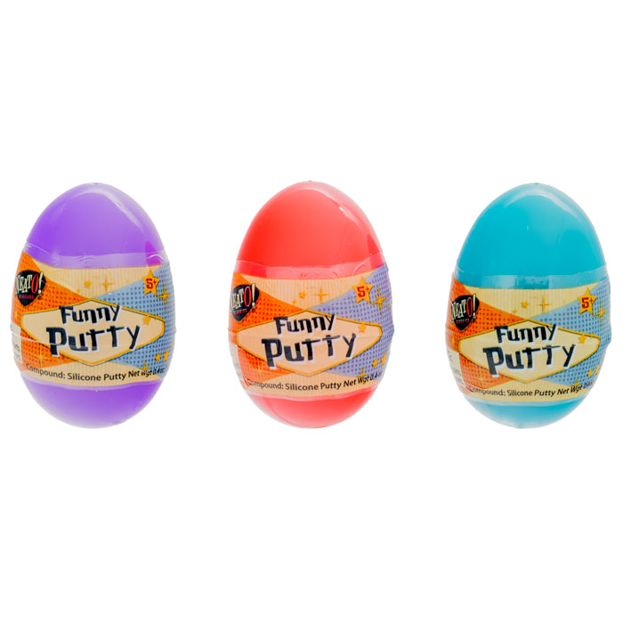 The Neato! Funny Putty Assortment by Neato! features three silicone putty-filled eggs—purple, red, and blue—with eye-catching orange and yellow labels for a colorful, hands-on sensory toy experience.