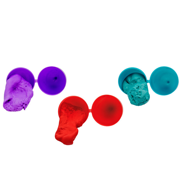 Three open Neato! Funny Putty Assortment containers, each filled with vibrant purple, red, and blue putty by Neato!, invite creative sensory play against a clean white background.