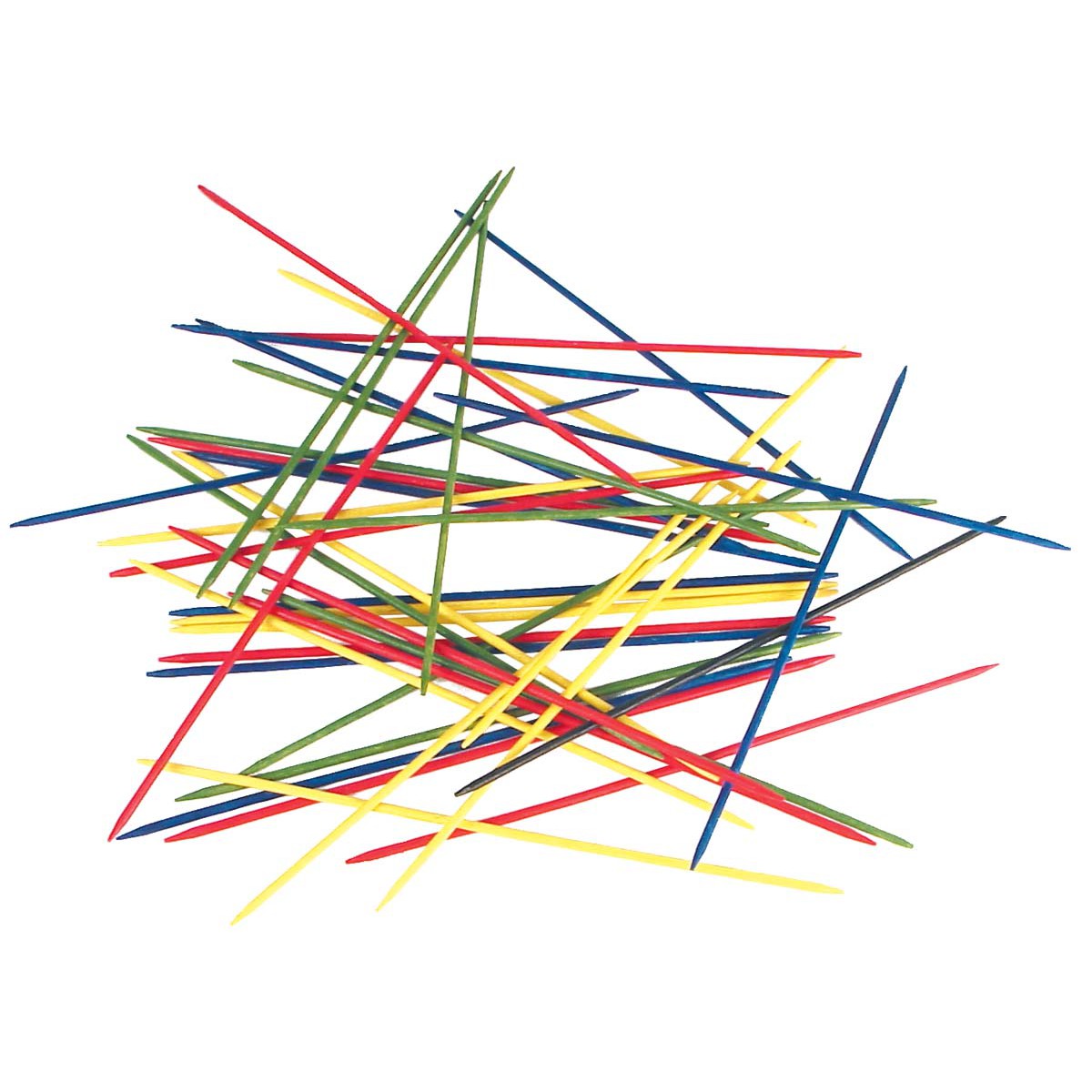 A pile of Toysmith 2024 Neato! Pre-Filled Display pick-up sticks, a top-selling toy, scattered in various directions on a white background. The colorful wooden sticks are red, blue, yellow, and green.