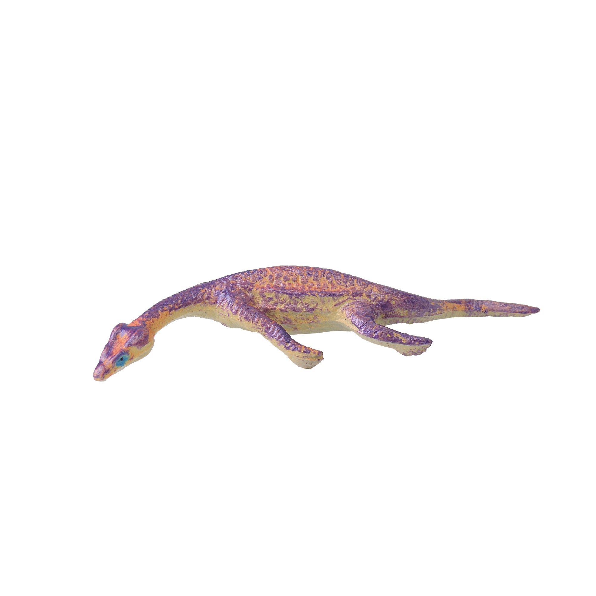 A Toysmith Mini Dinos figurine by Toysmith, featuring small purple and yellow details, is shown lying on its side against a white background.