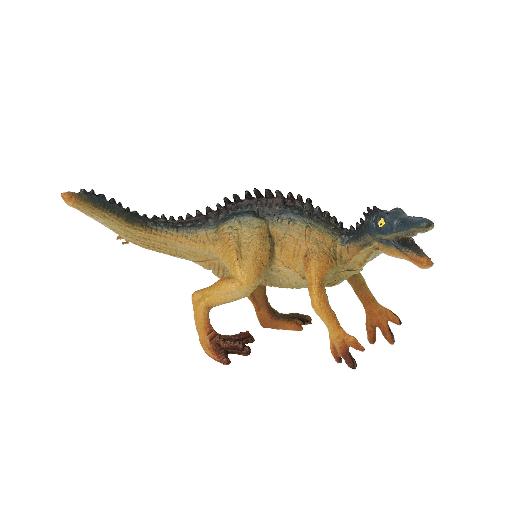 The Toysmith Mini Dinos by Toysmith is a plastic toy dinosaur featuring a blue-tinted back, beige underside, open mouth with sharp teeth, and a raised spiky spine, standing on two legs against a white background.