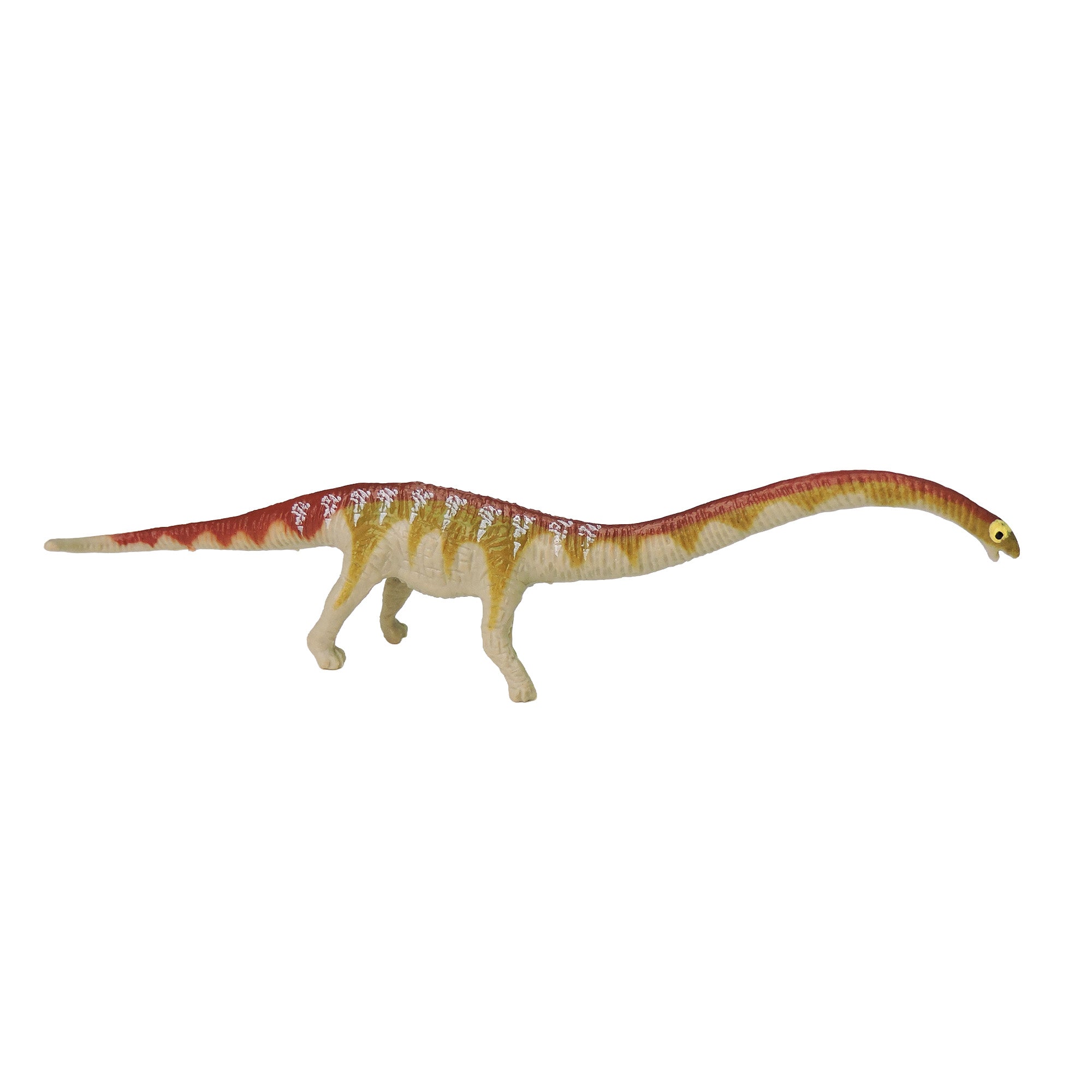 The Toysmith Mini Dinos by Toysmith features a long-necked dinosaur toy with a yellow and brown body, white spots on its back, small head, and four legs, shown against a white background.