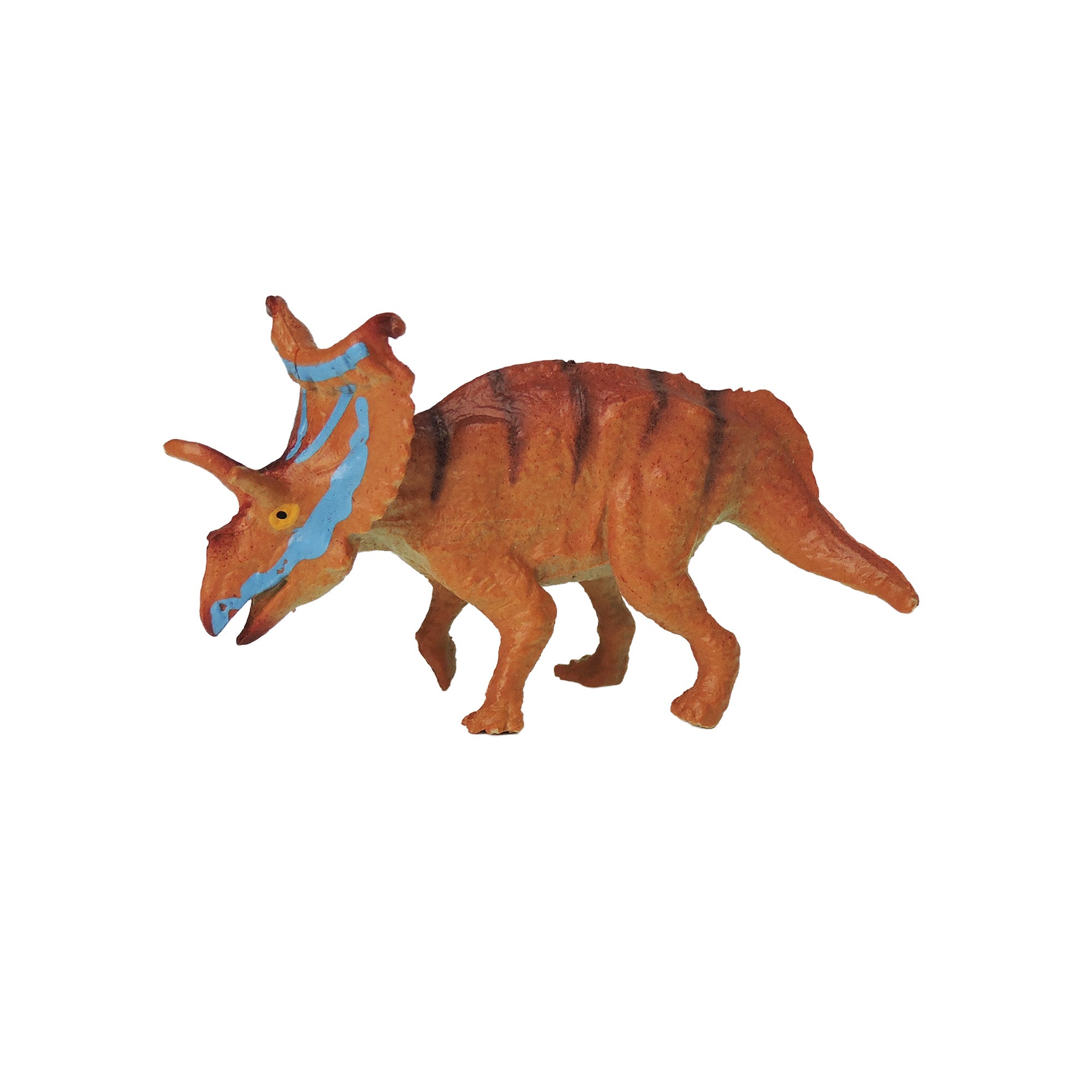 The Toysmith Mini Dinos by Toysmith features a toy dinosaur with an orange body, brown stripes, blue frill markings, three facial horns, and a curved tail, shown against a white background.