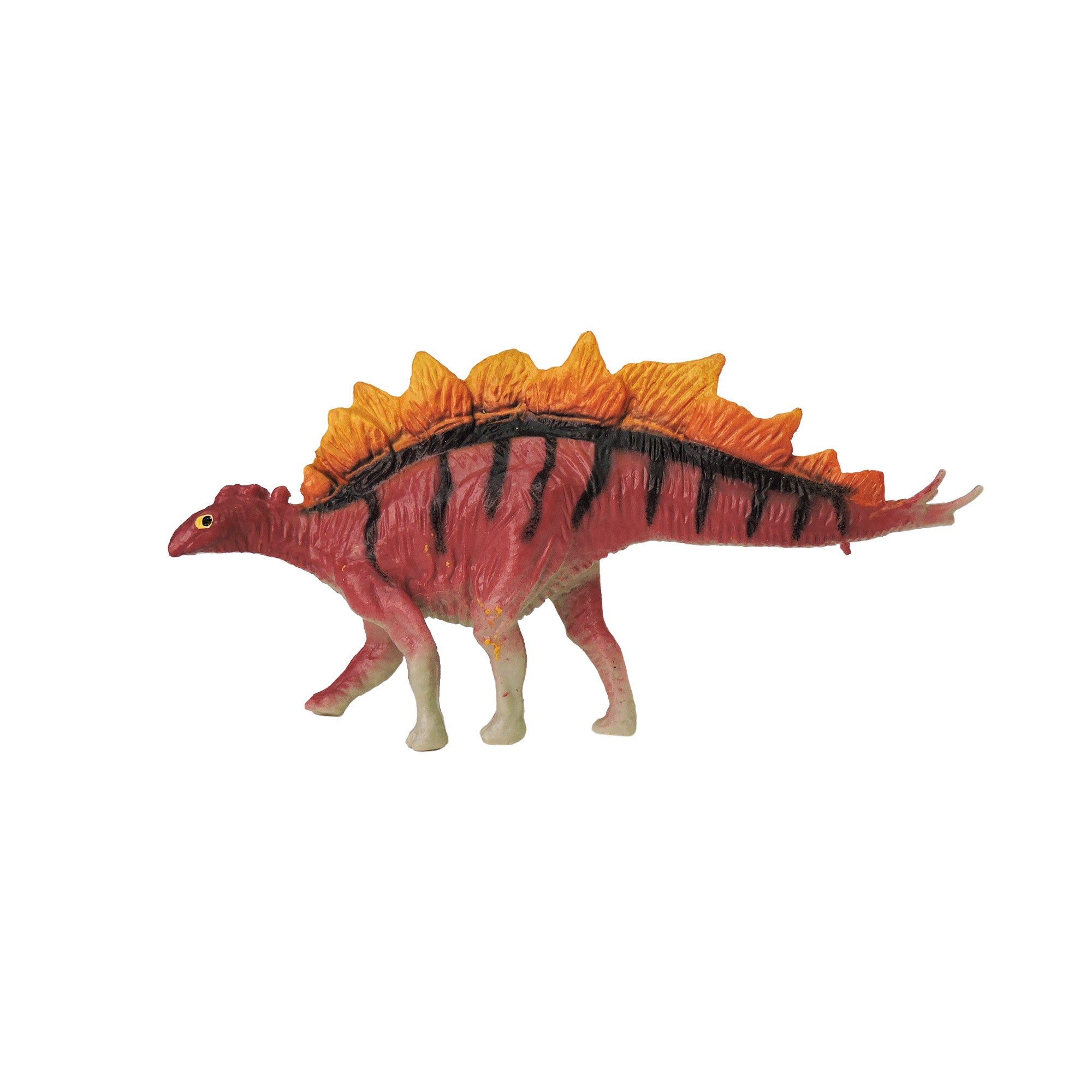 The Toysmith Mini Dinos by Toysmith is a red stegosaurus toy with orange plates on its back and black stripes, standing on four legs against a white background.