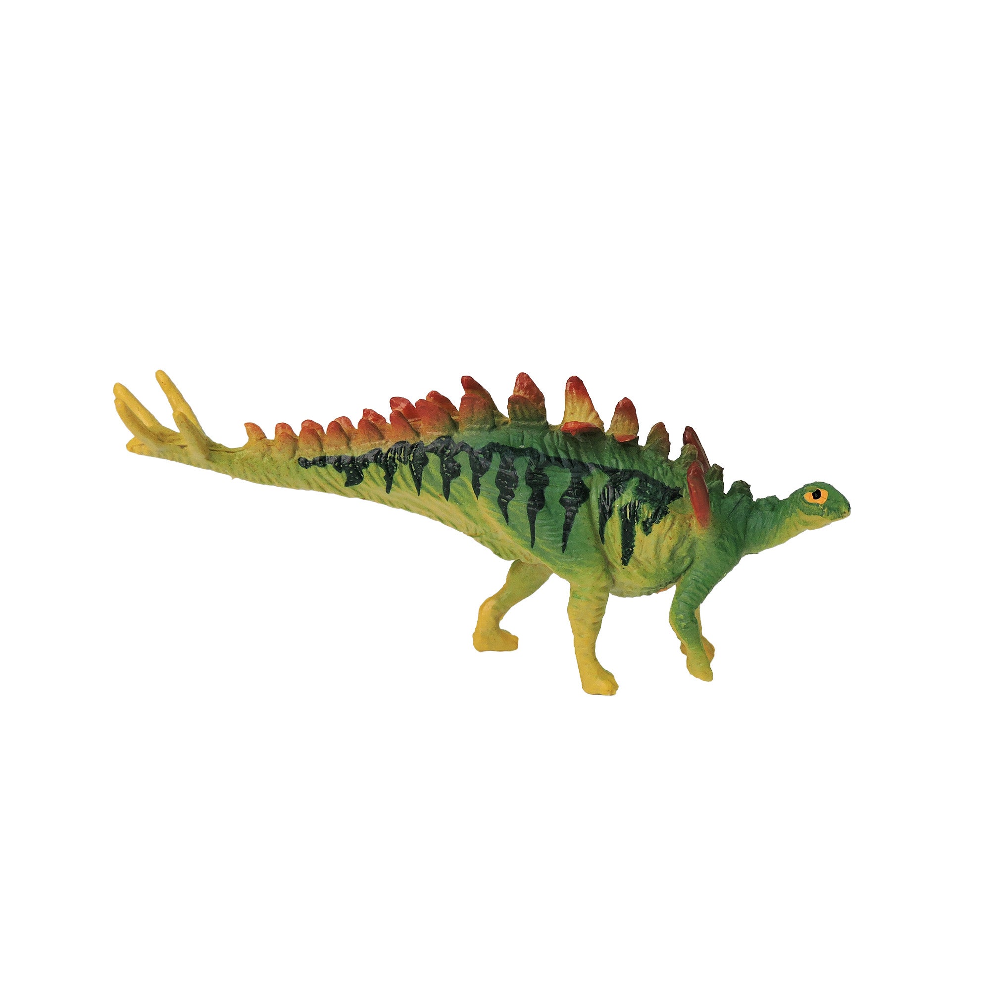 A Toysmith Mini Dinos Stegosaurus figurine by Toysmith, featuring green and yellow colors with red-tipped back plates, stands against a plain white background.