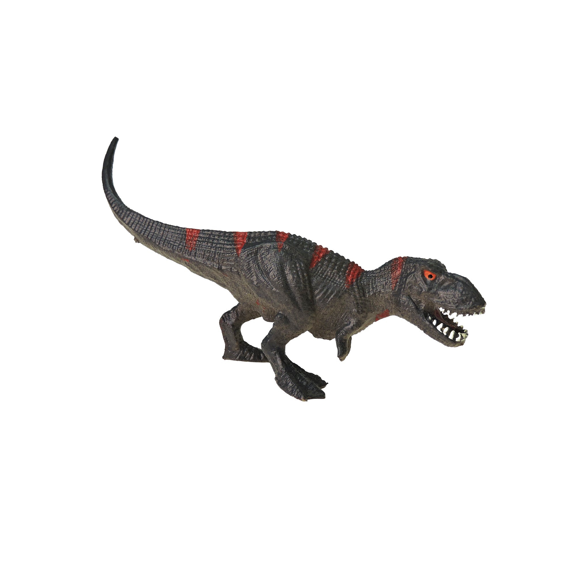 The Toysmith Mini Dinos by Toysmith is a plastic T. rex toy, dark gray with red stripes on its back, standing with its mouth open and sharp teeth visible, shown against a white background.
