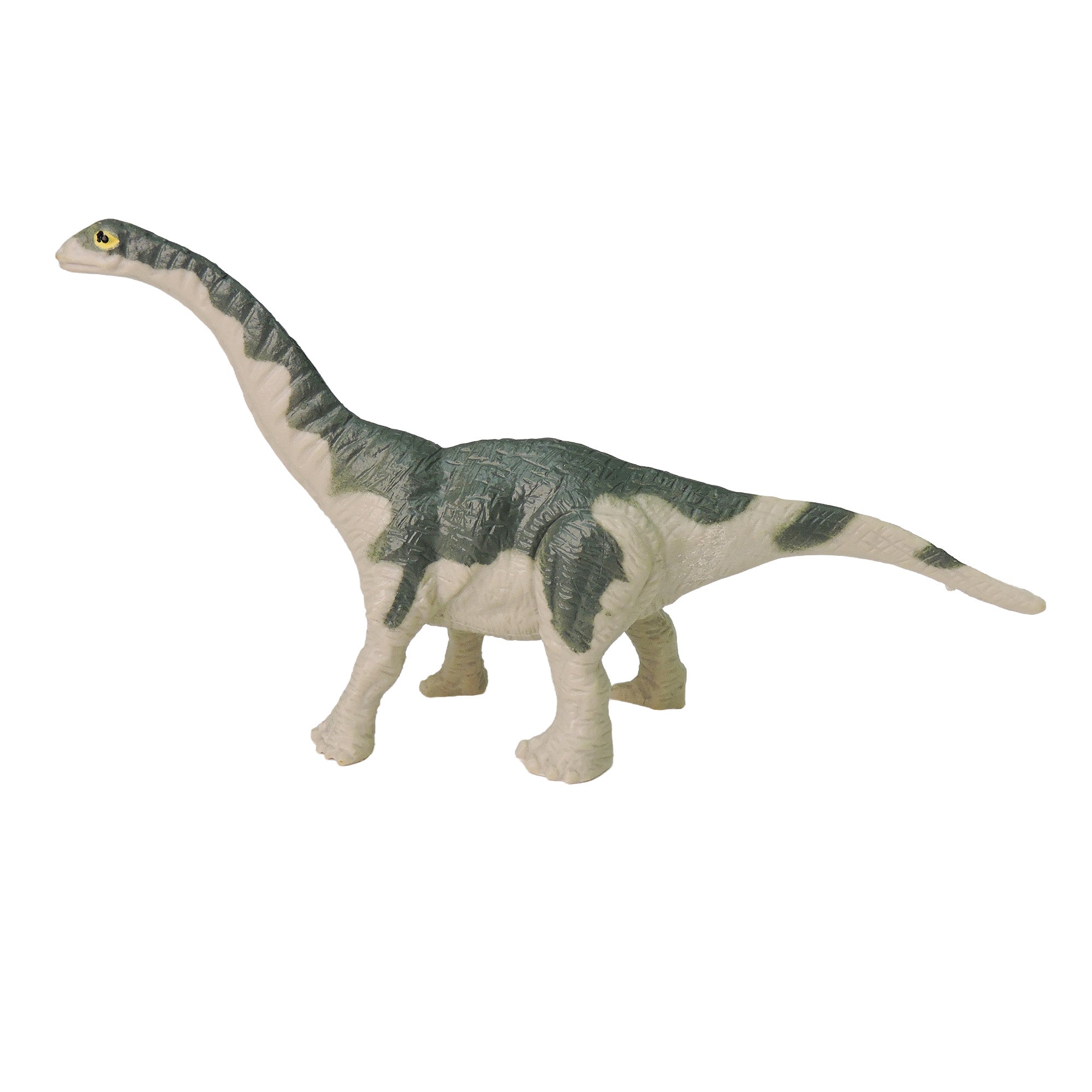 The Toysmith Mini Dinos by Toysmith is a four-legged dinosaur toy with a long neck and tail, gray-green back, and white underside, shown against a plain white background.