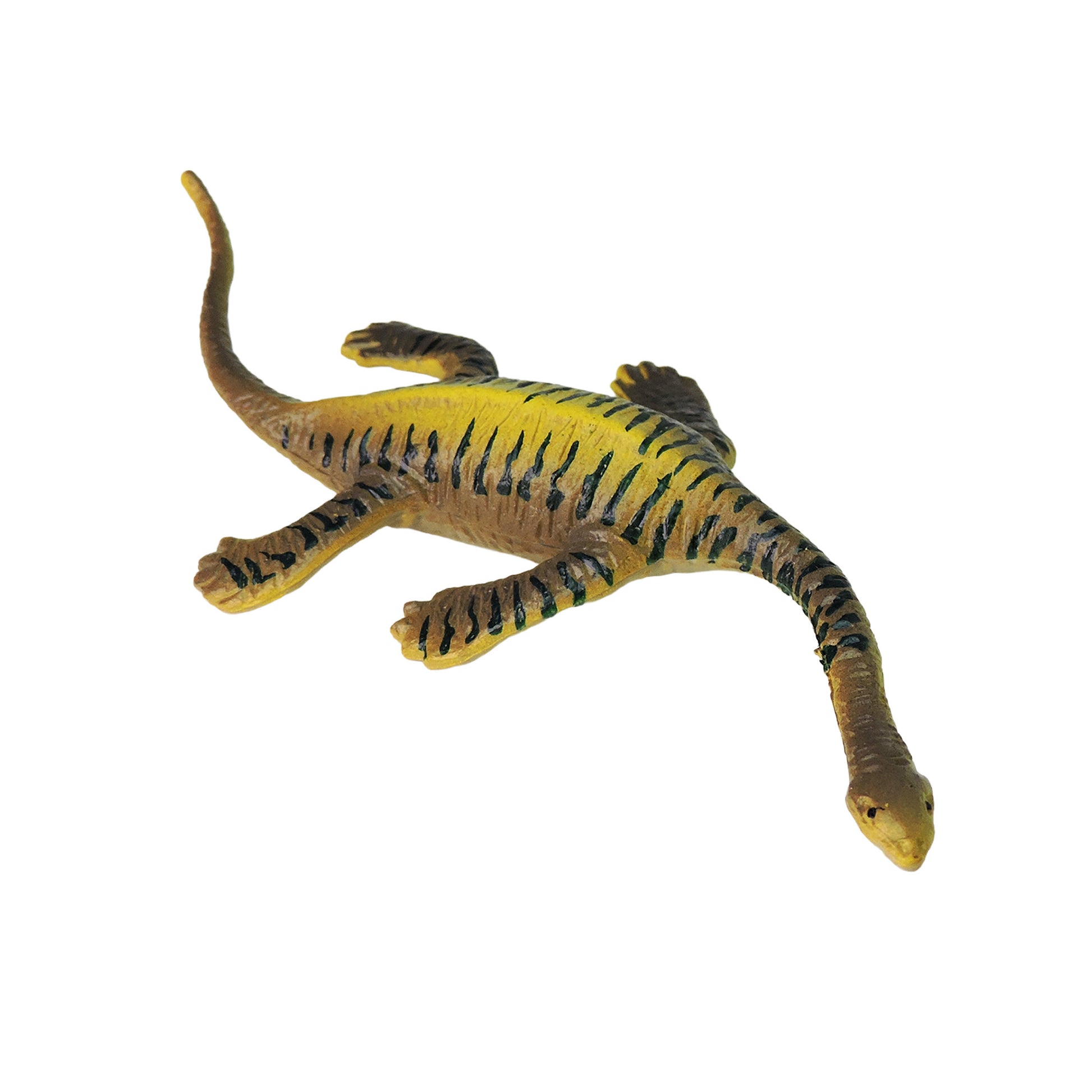The Toysmith Mini Dinos by Toysmith is a toy model of a prehistoric reptile with a long neck, yellow and brown body, and black stripes, shown on a white background.