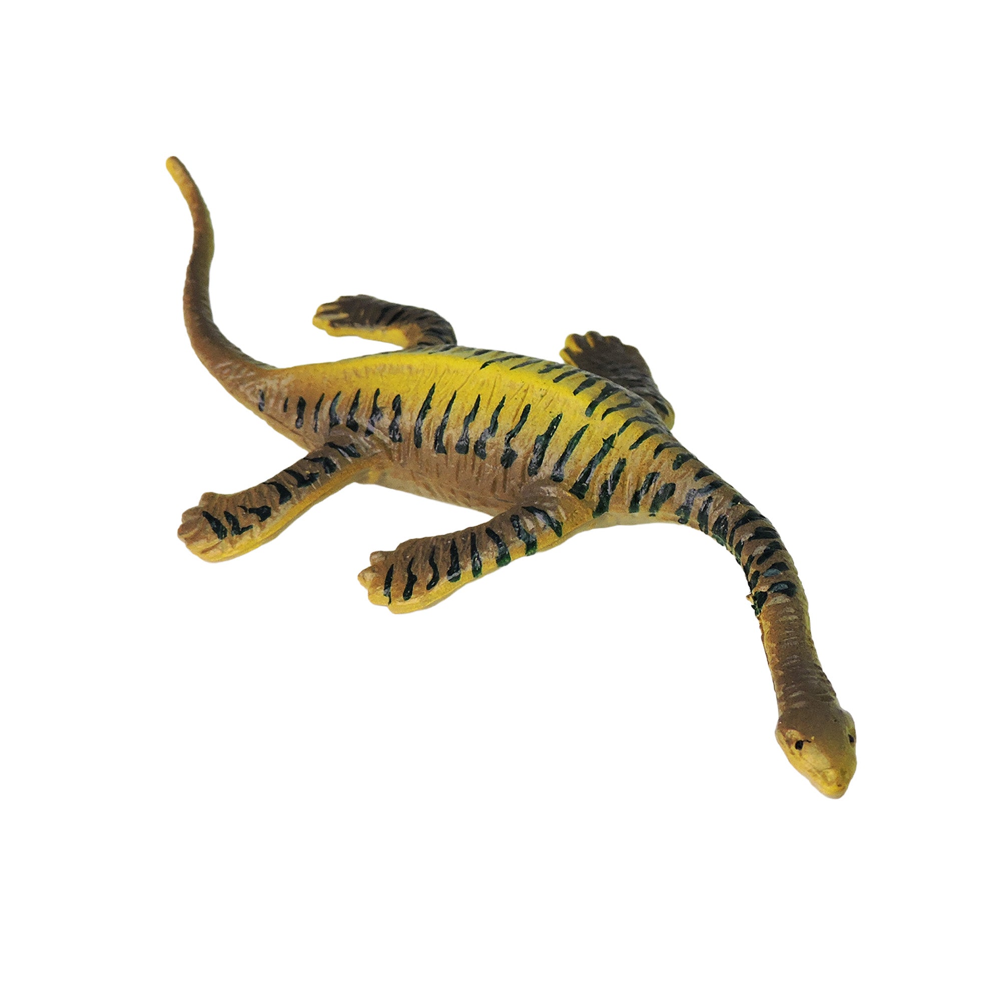 The Toysmith Mini Dinos by Toysmith is a toy model of a prehistoric reptile with a long neck, yellow and brown body, and black stripes, shown on a white background.