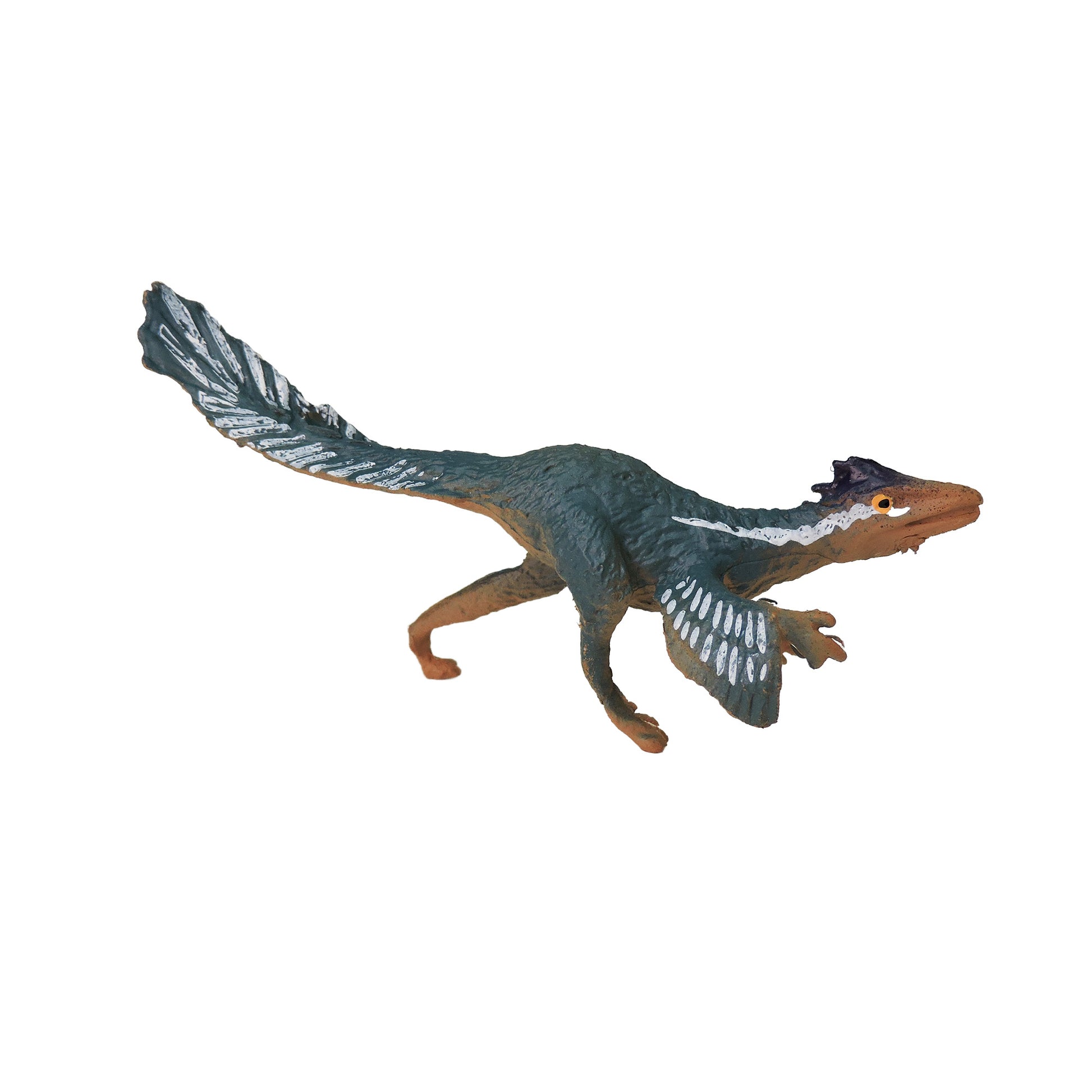 The Toysmith Mini Dinos by Toysmith is a feathered dinosaur figure with a long tail, blue and gray body, white wing markings, brown underside, and a small crest, posed running against a white background.