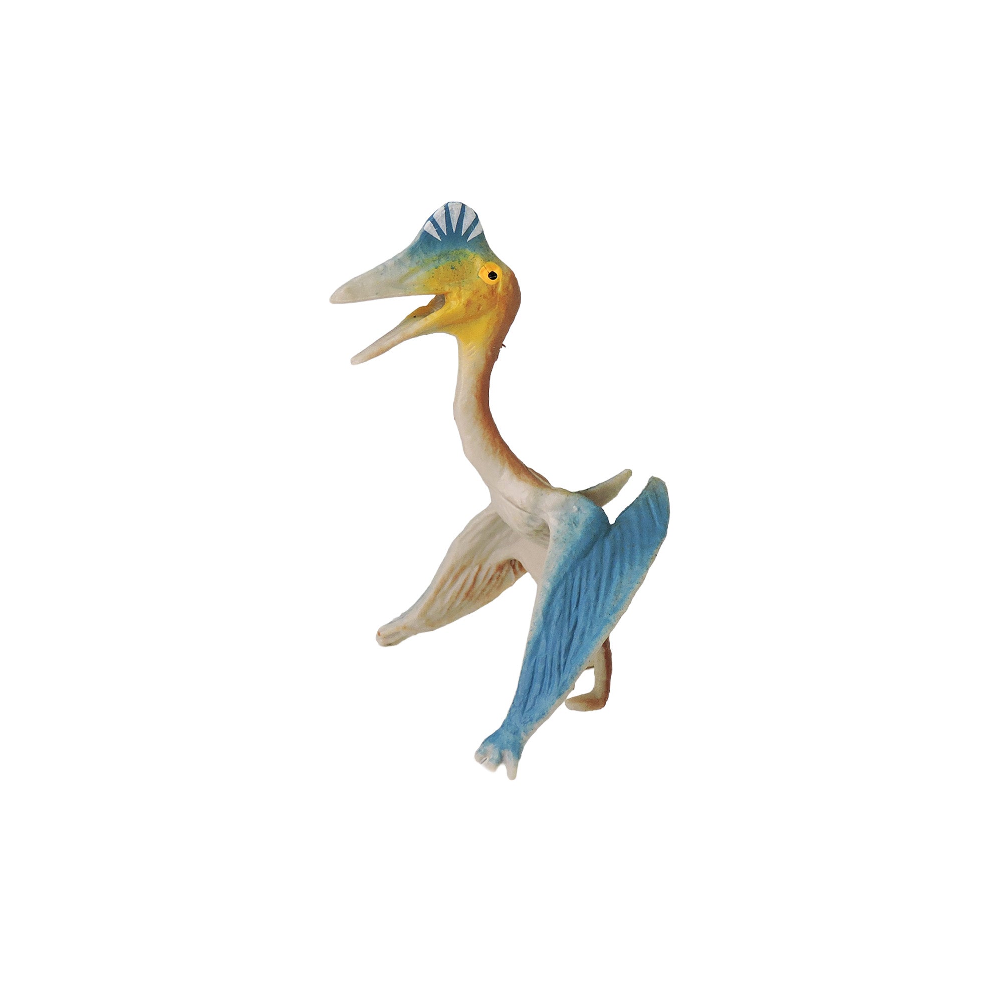 The Toysmith Mini Dinos by Toysmith is a plastic pterosaur toy with blue wings, a yellow head, an open mouth, and a head crest, shown isolated on a white background.