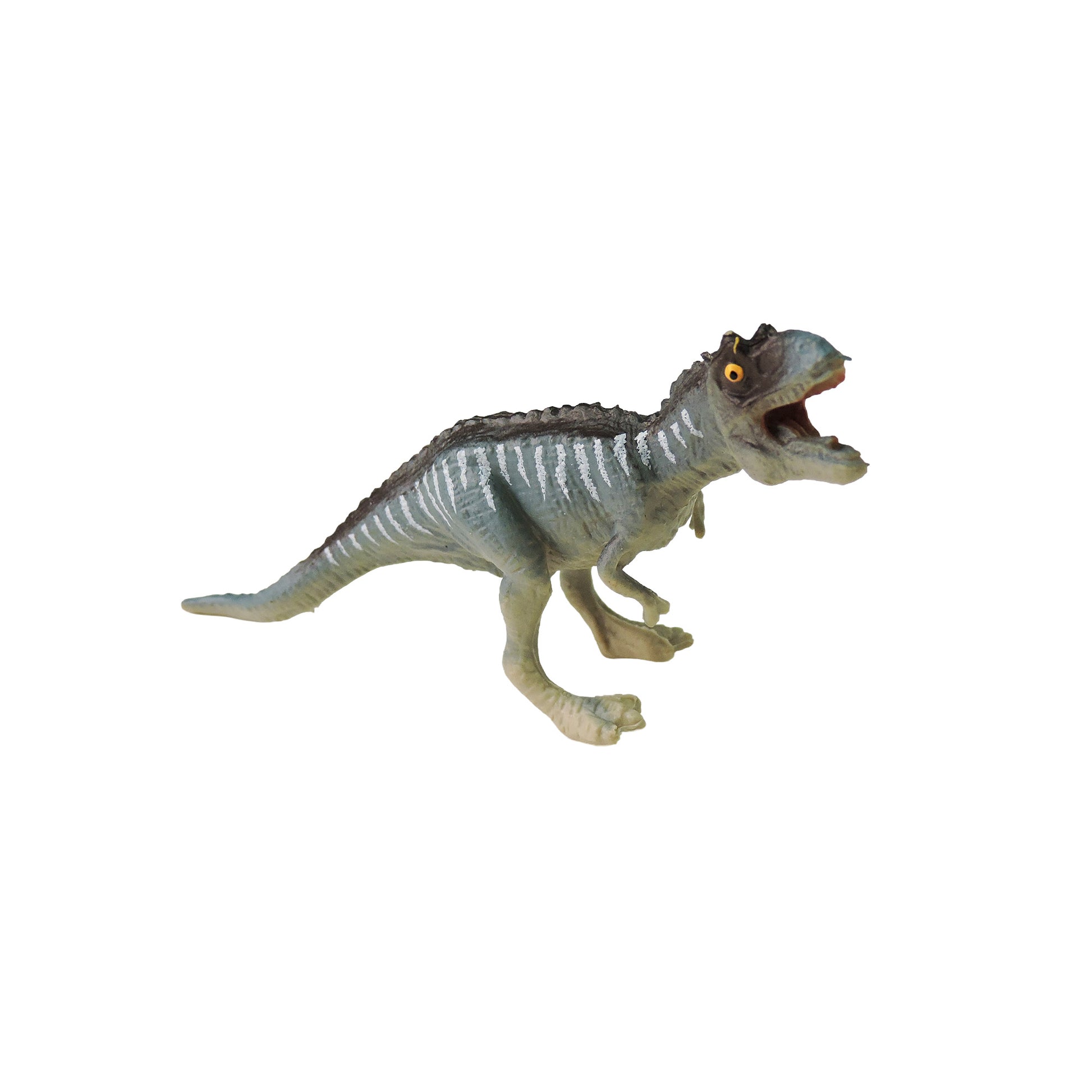 The Toysmith Mini Dinos by Toysmith features a plastic dinosaur toy with gray and white stripes, an open mouth, and small arms, standing on two legs against a white background.