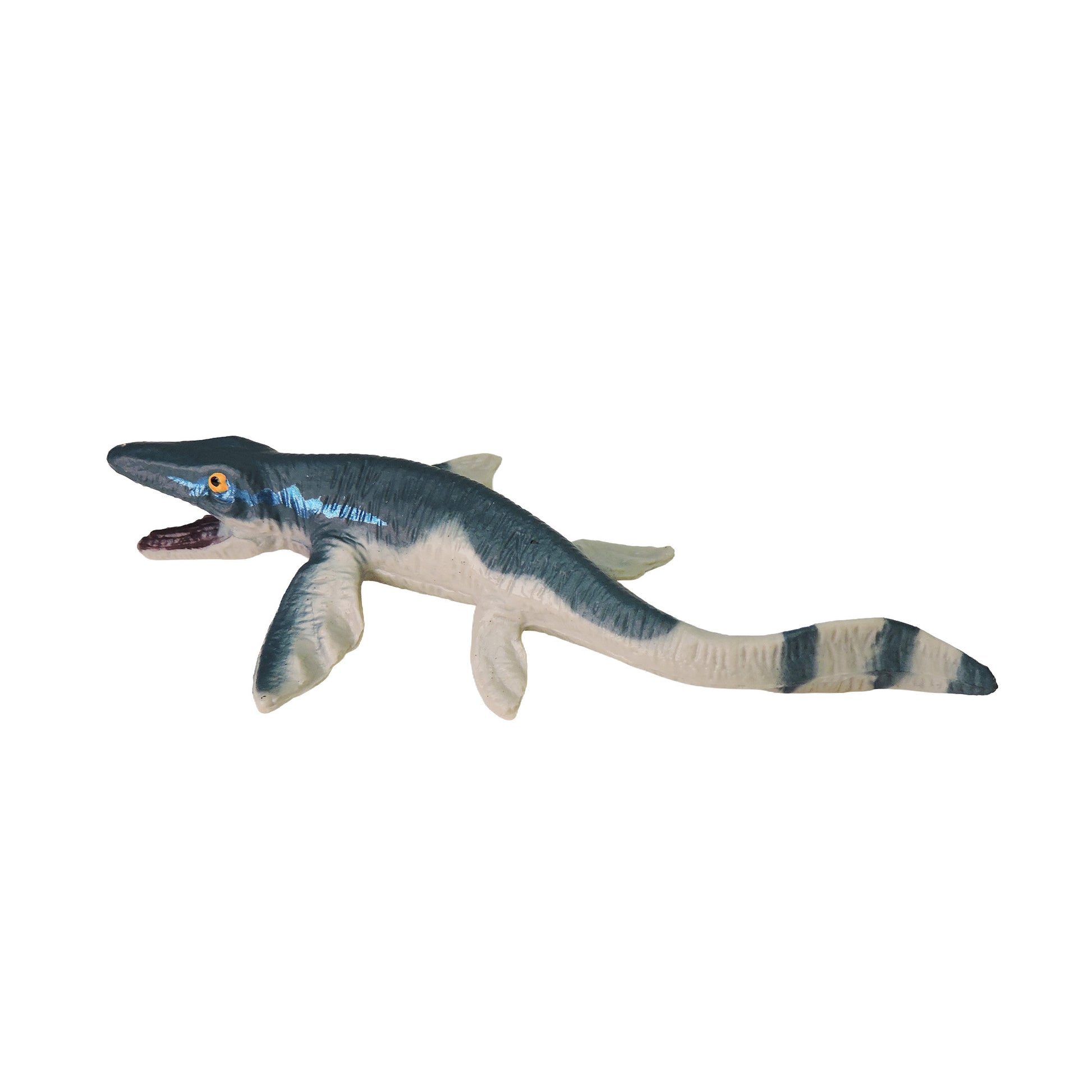 A Toysmith Mini Dinos plastic toy by Toysmith depicting a blue and white mosasaur with an open mouth and flipper-like limbs, shown isolated on a white background.