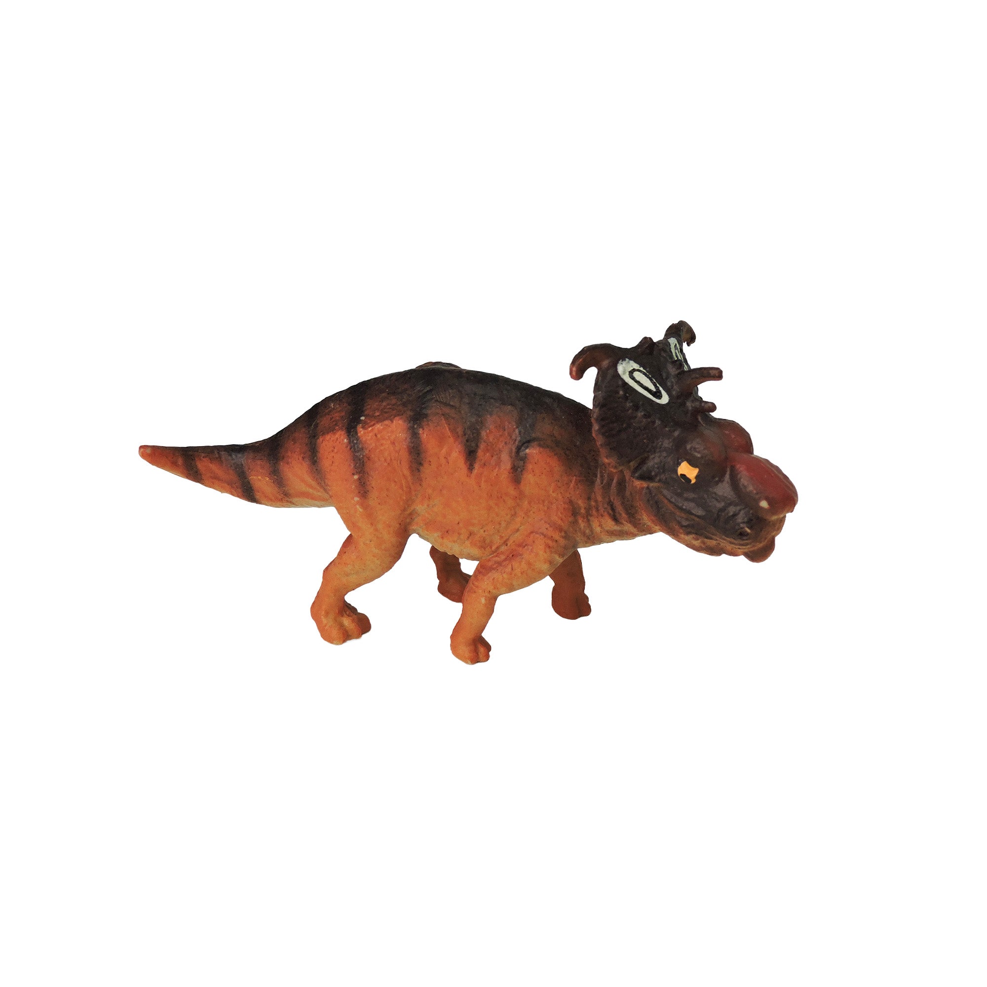 The Toysmith Mini Dinos by Toysmith features a small orange dinosaur toy with black stripes and three horns on its head, standing on four legs against a white background.
