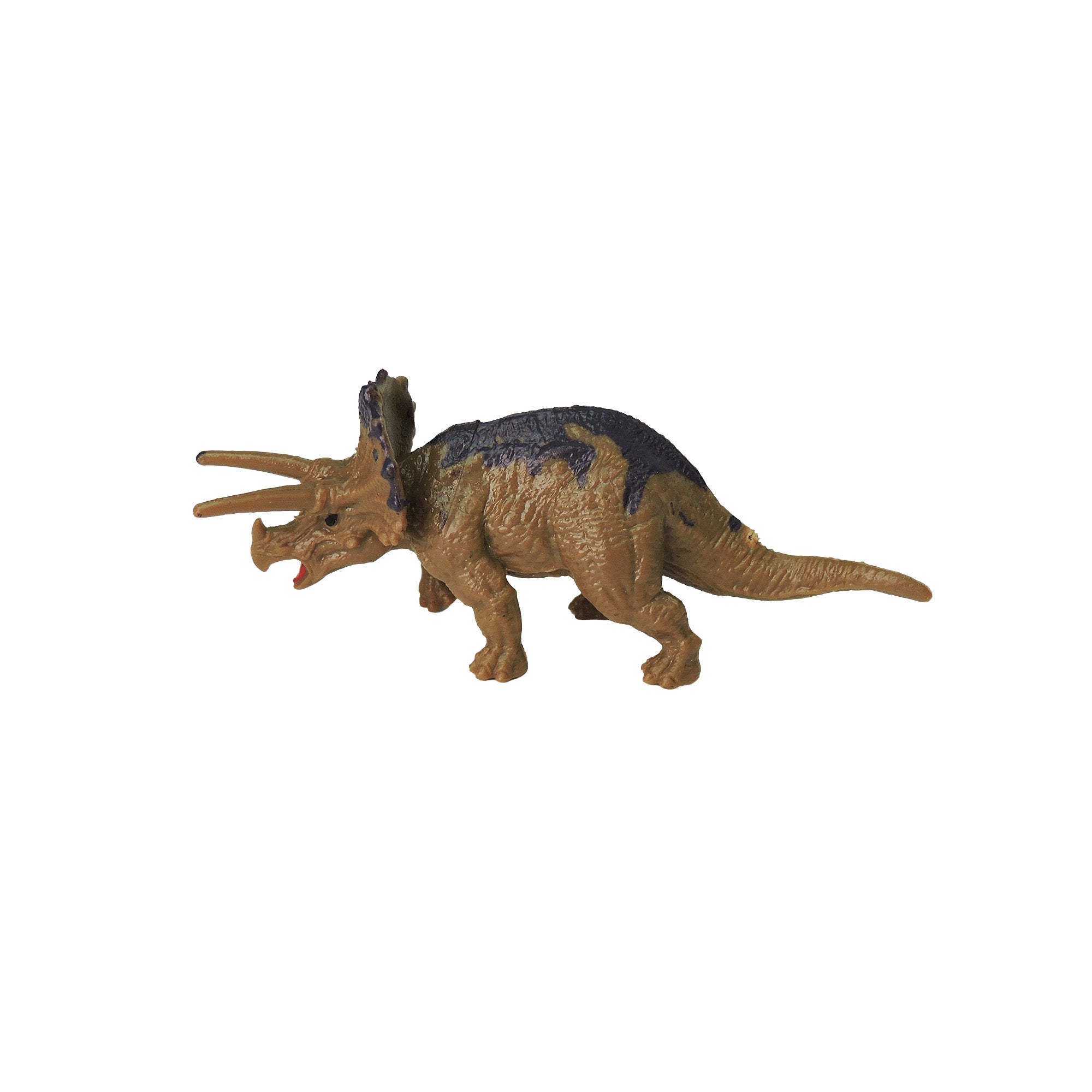 A Toysmith Mini Dinos plastic Triceratops toy by Toysmith, in brown and dark gray, stands on all fours against a plain white background.