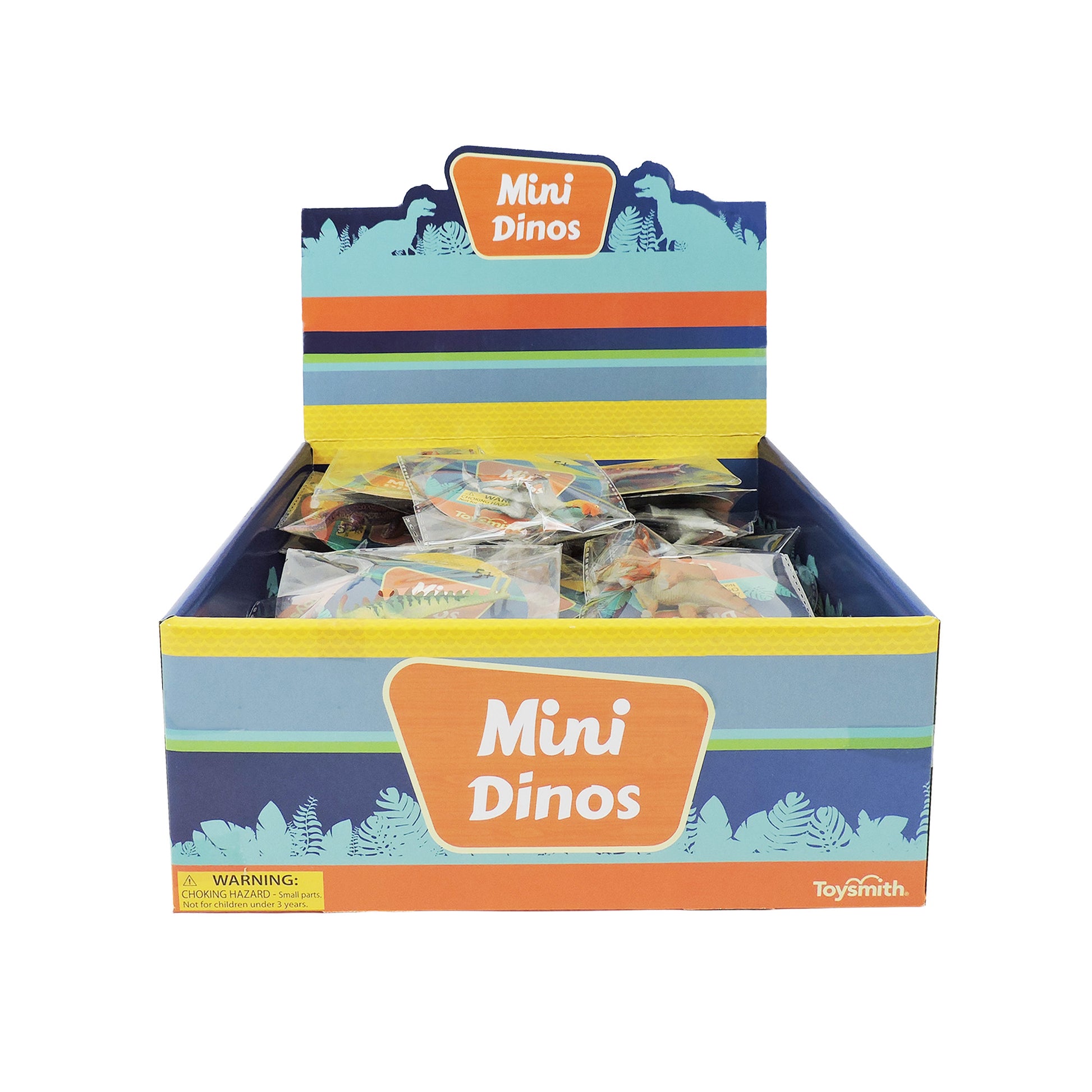 A blue and yellow display box labeled "Toysmith Mini Dinos" features a jungle-themed design, an orange label, individually wrapped collectible mini dinos, and the Toysmith logo in the lower right corner.