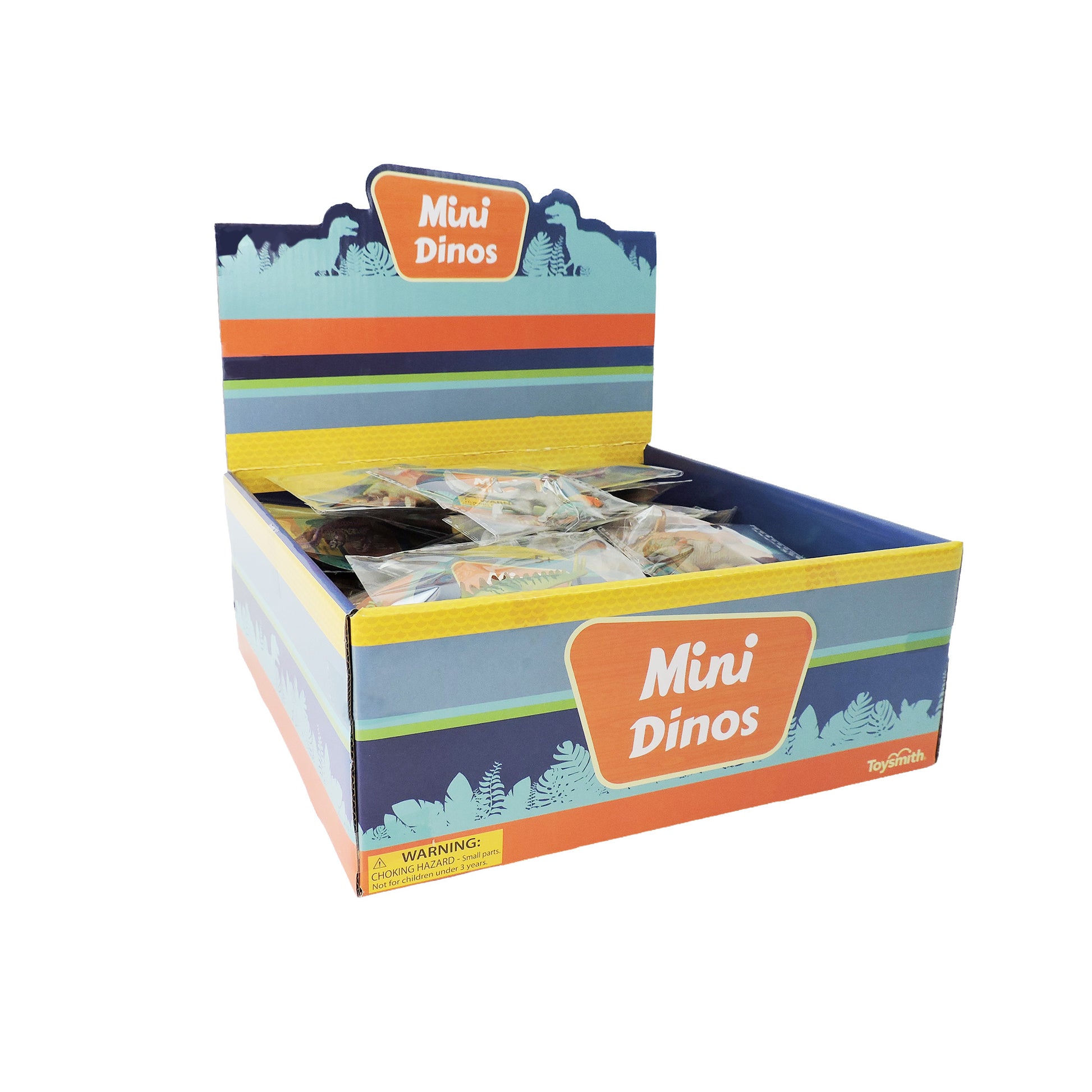 A Toysmith Mini Dinos retail display box holds individually wrapped collectible mini dinos. The box features colorful stripes and dinosaur silhouettes, showcasing the Toysmith brand.