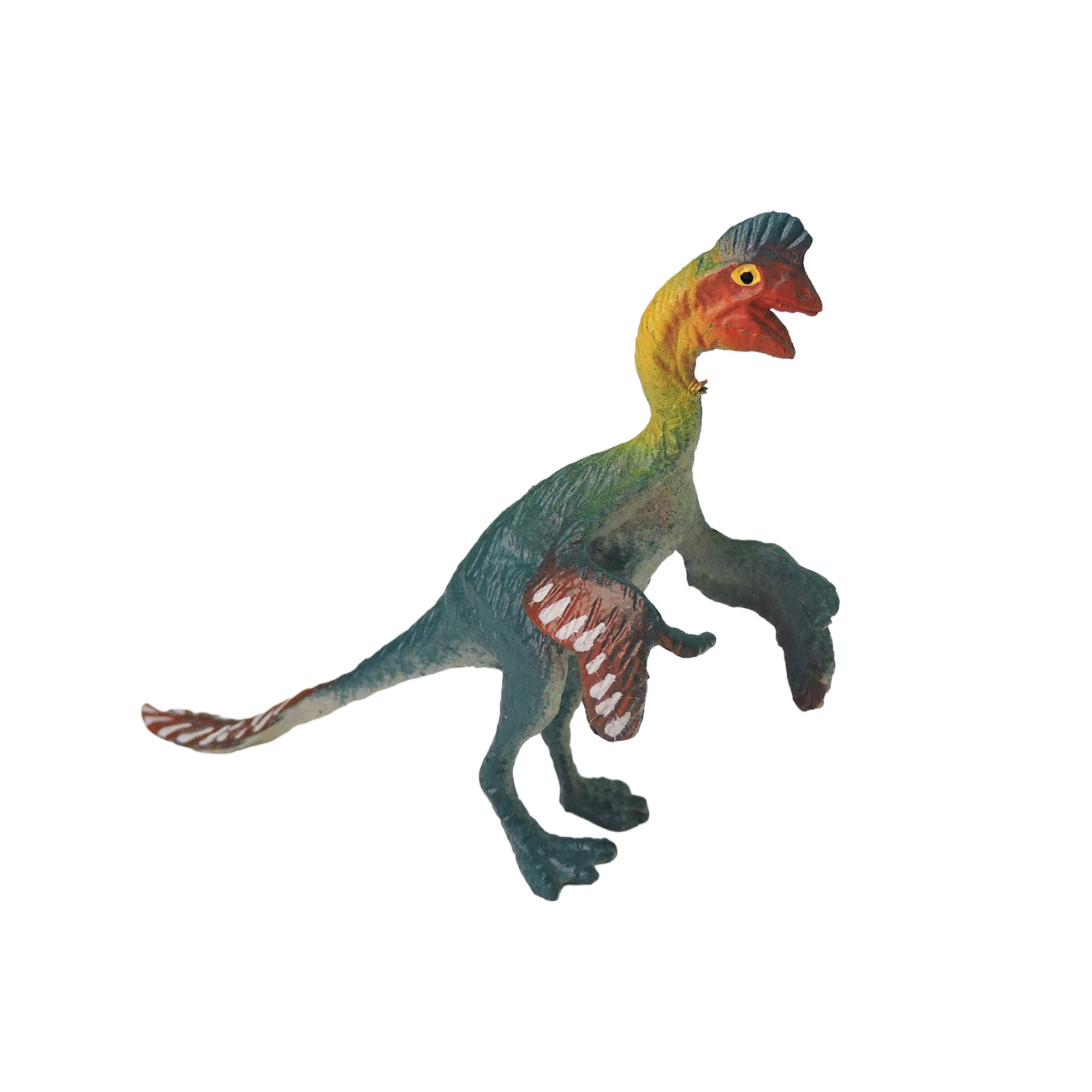 The Toysmith Mini Dinos by Toysmith is a colorful toy dinosaur featuring a green body, yellow neck, red head, and wing-like arms, standing upright on two legs against a white background.