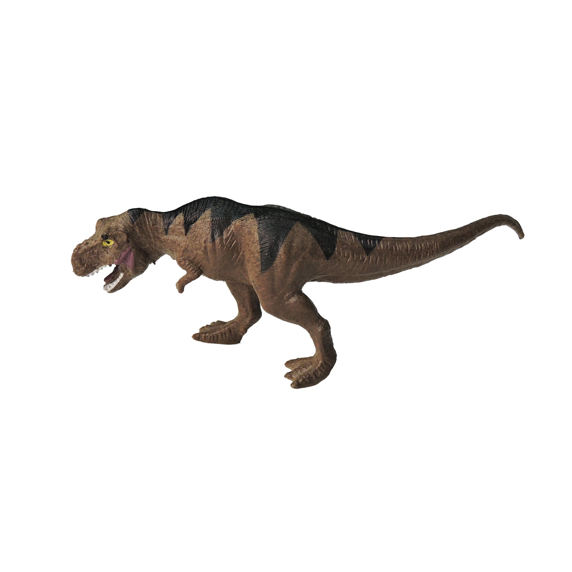 The Toysmith Mini Dinos by Toysmith features a toy Tyrannosaurus rex with brown skin and black markings, standing on two legs with its mouth open against a white background.