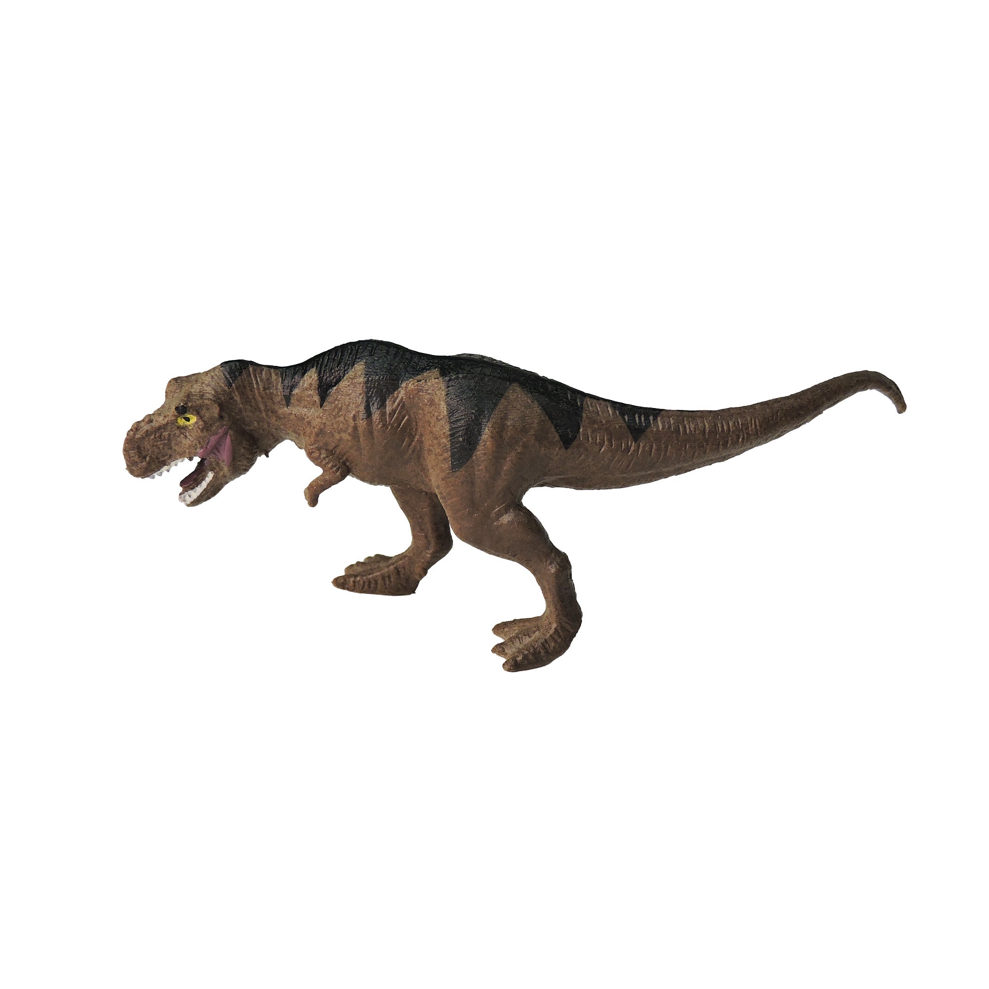 The Toysmith Mini Dinos by Toysmith features a toy Tyrannosaurus rex with brown skin and black markings, standing on two legs with its mouth open against a white background.