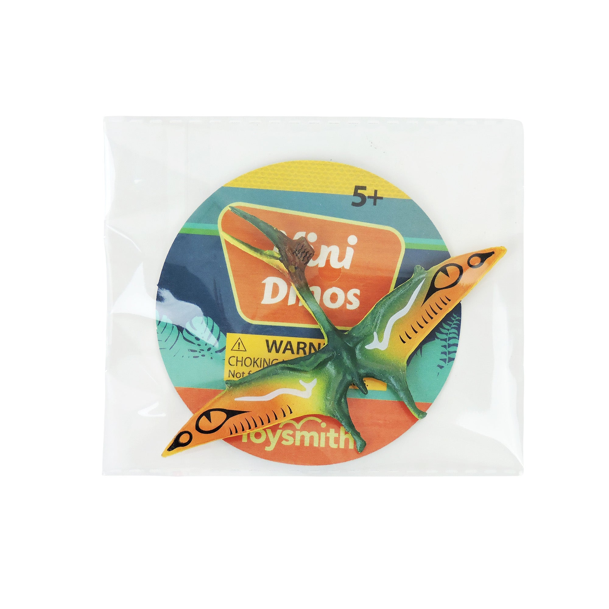 The Toysmith Mini Dinos by Toysmith is a small, colorful pterodactyl toy with orange and green wings, packaged in a clear bag labeled for ages 5+, featuring a visible warning label.