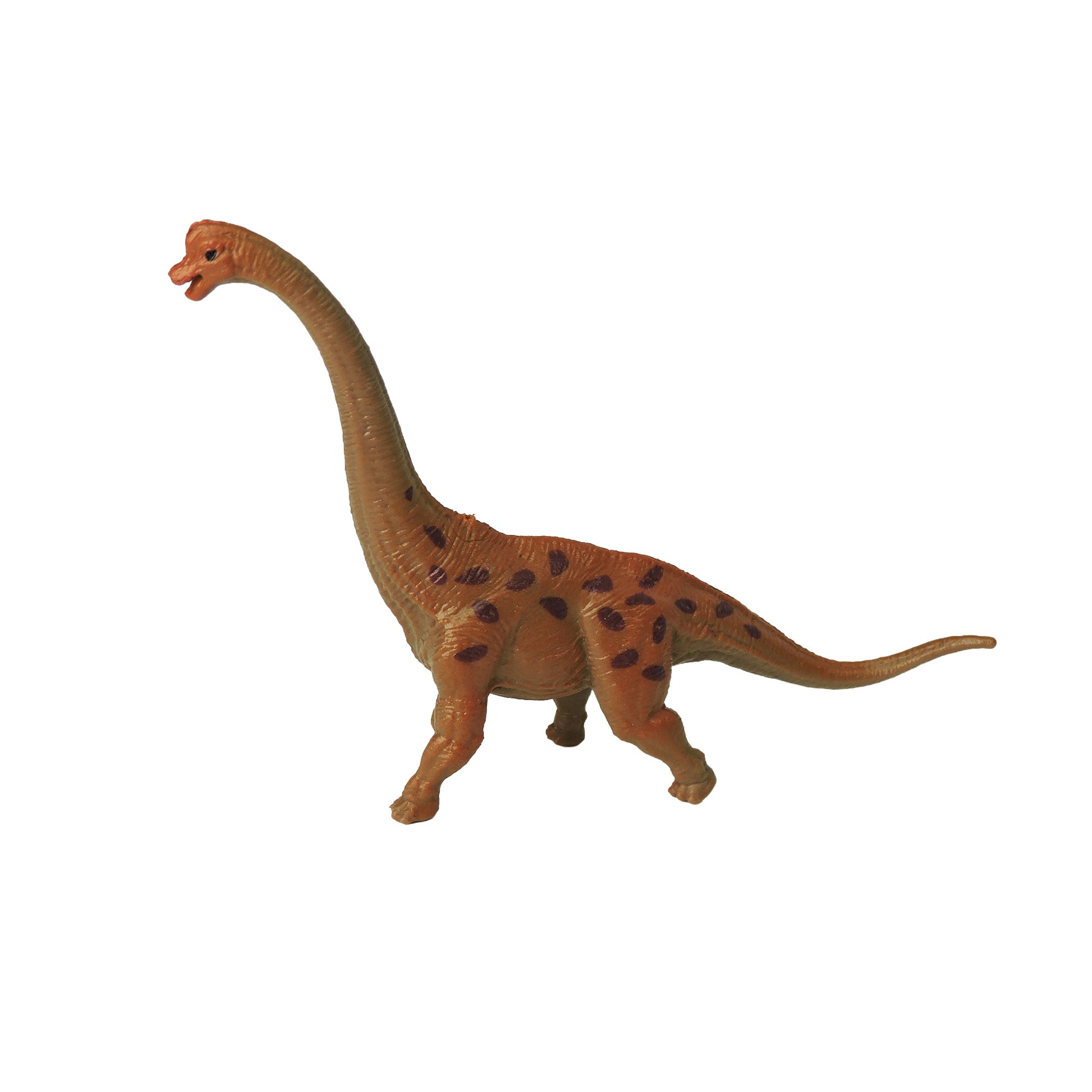 The Toysmith Mini Dinos by Toysmith is a brown plastic Brachiosaurus toy with a long neck, long tail, and dark spots on its back, shown isolated on a white background.
