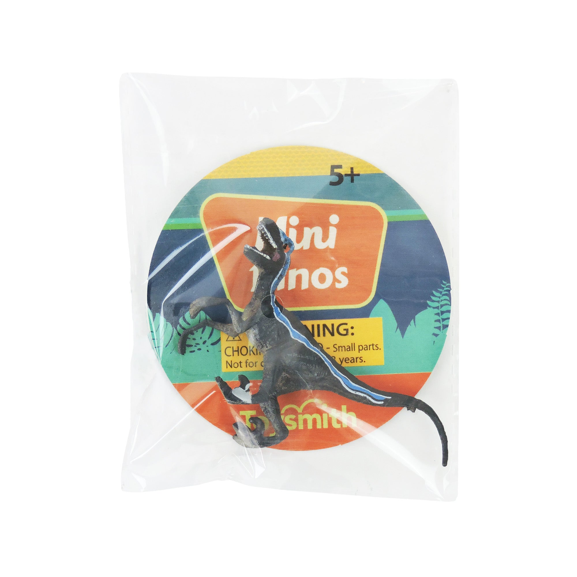 The Toysmith Mini Dinos by Toysmith is a small black collectible dinosaur figure with a long tail, sealed in a clear bag with a colorful round Mini Dinos label and 5+ age warning—perfect for on-the-go fun.