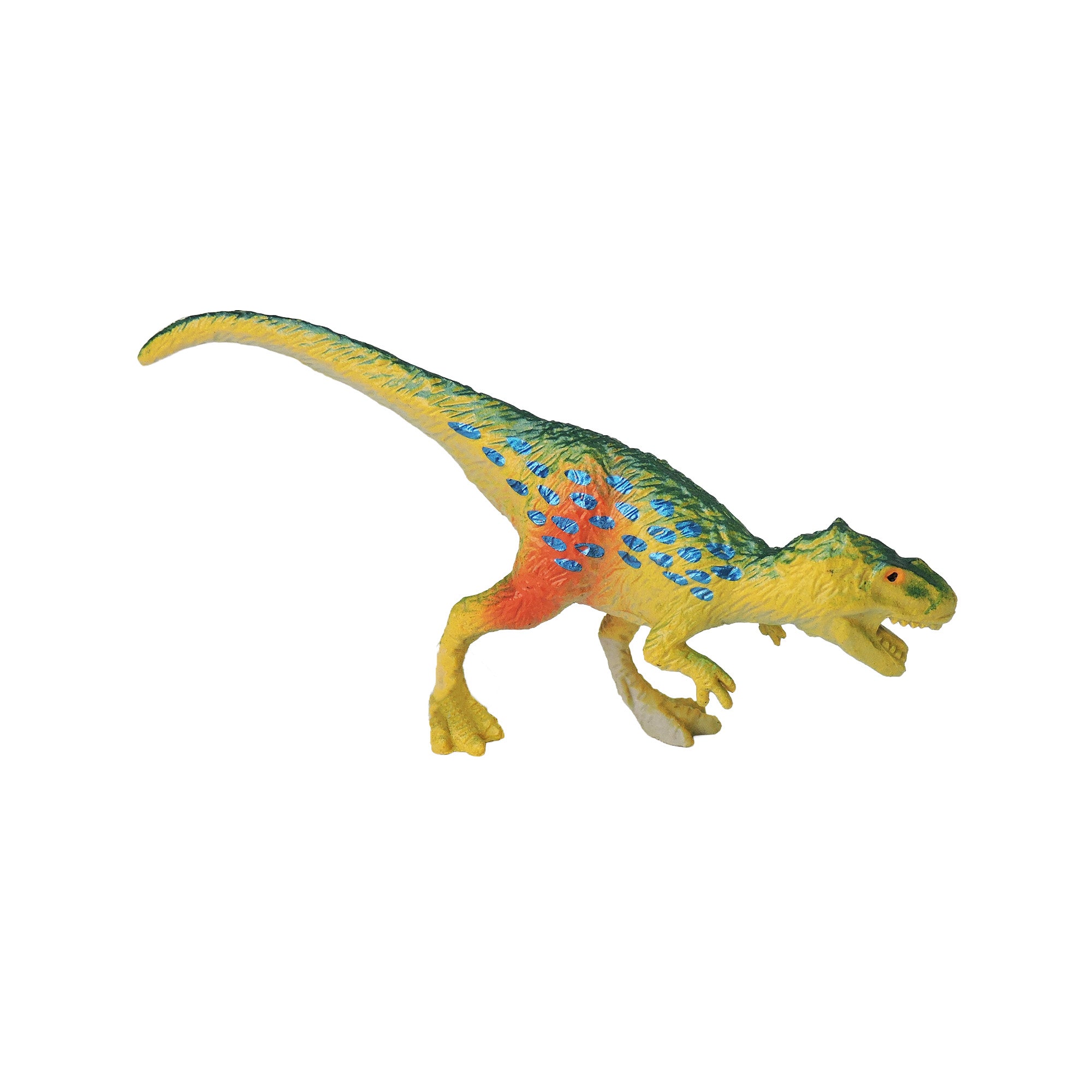 The Toysmith Mini Dinos by Toysmith is a colorful plastic dinosaur toy featuring a yellow body, green back, blue spots, red chest, and an open mouth in a walking or running pose.