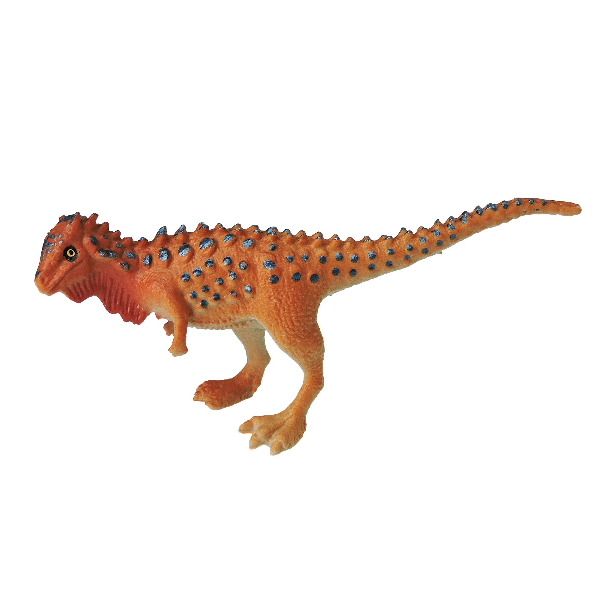 The Toysmith Mini Dinos by Toysmith features an orange dinosaur toy with blue spots, bumpy skin, and a long tail, standing on two legs against a white background.