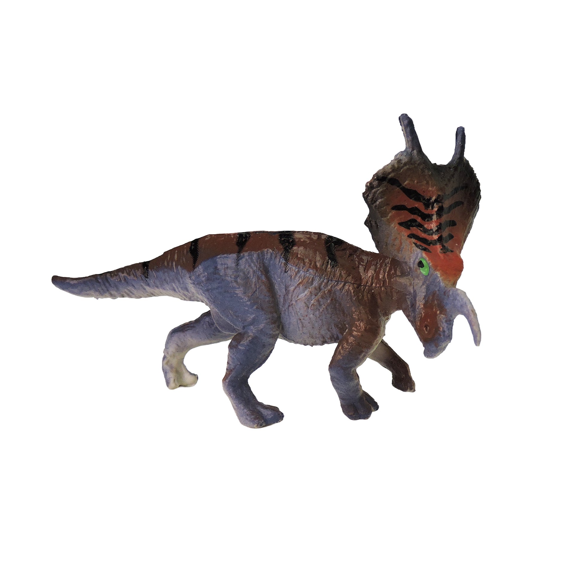 The Toysmith Mini Dinos by Toysmith is a plastic ceratopsid toy featuring a large frill, striped brown and orange back, and blue legs, shown standing on a white background.