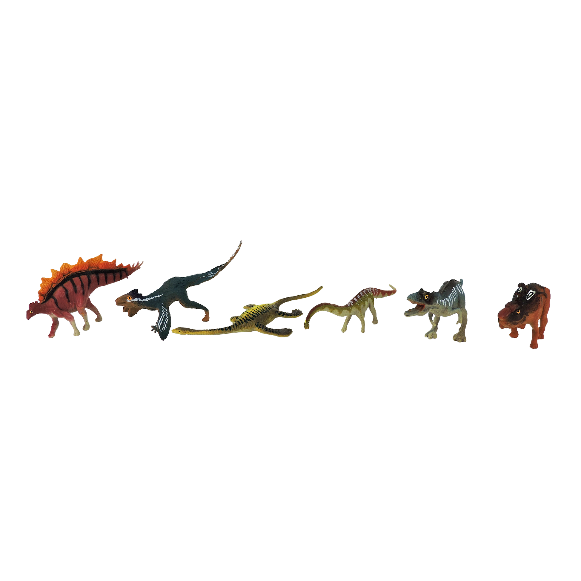 Six Toysmith Mini Dinos, each in a unique color and pose, are arranged in a row on a white background.
