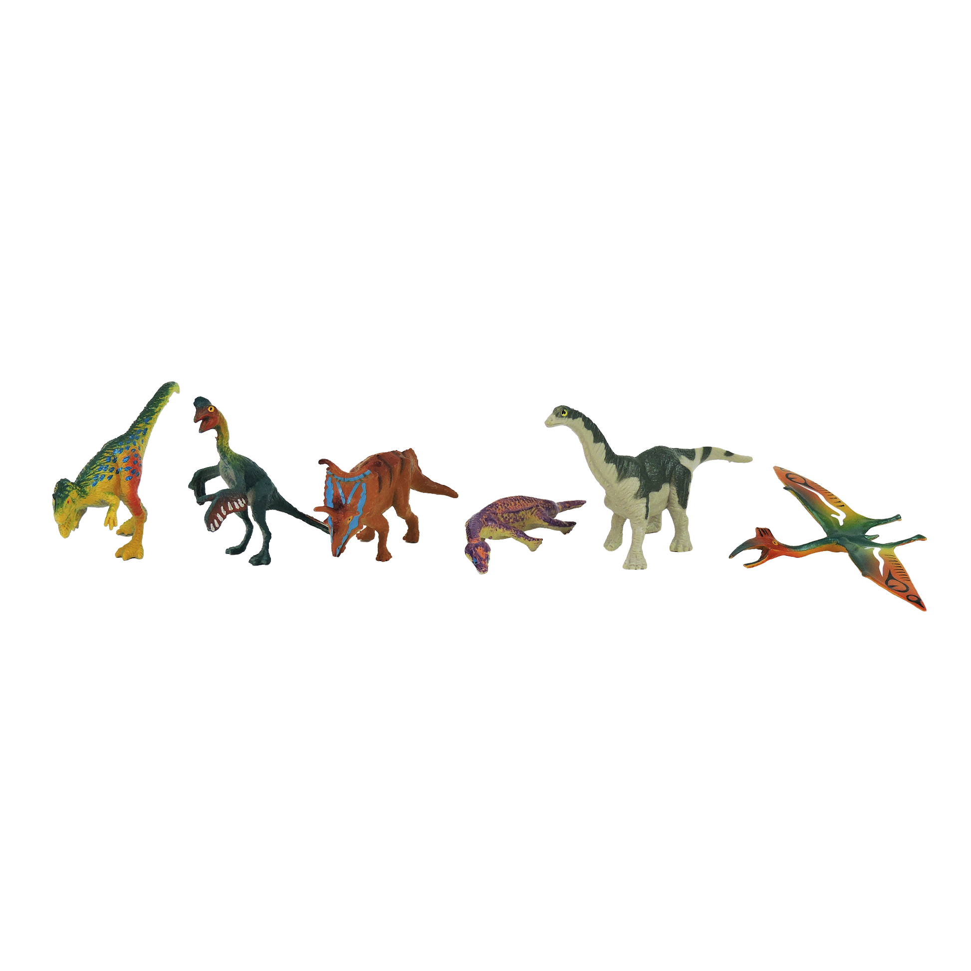 Toysmith Mini Dinos by Toysmith features six vibrant toy dinosaurs, each uniquely posed and colored, lined up in a row against a white background. The set includes various land dinosaurs and a flying pterosaur.