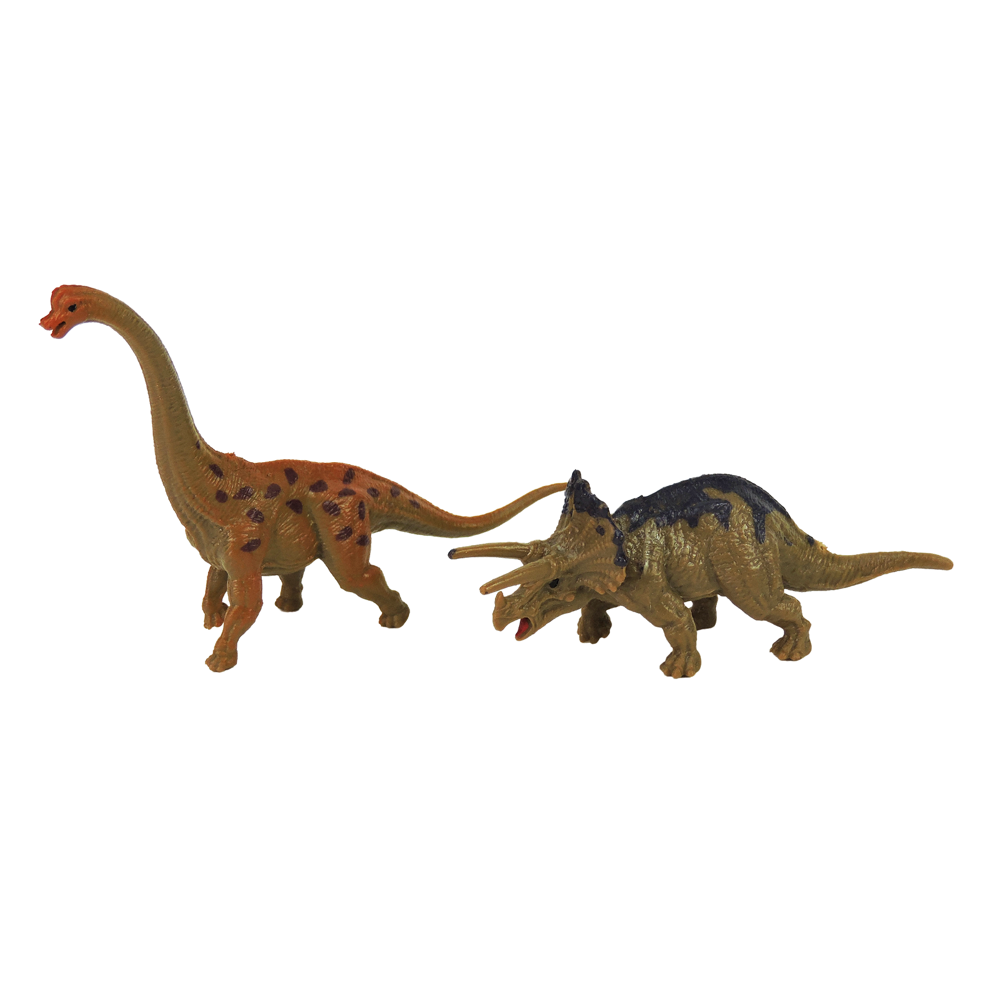 Two Toysmith Mini Dinos by Toysmith: a long-necked, orange and brown sauropod on the left, and a horned, green and brown ceratopsid on the right, both pictured against a white background.
