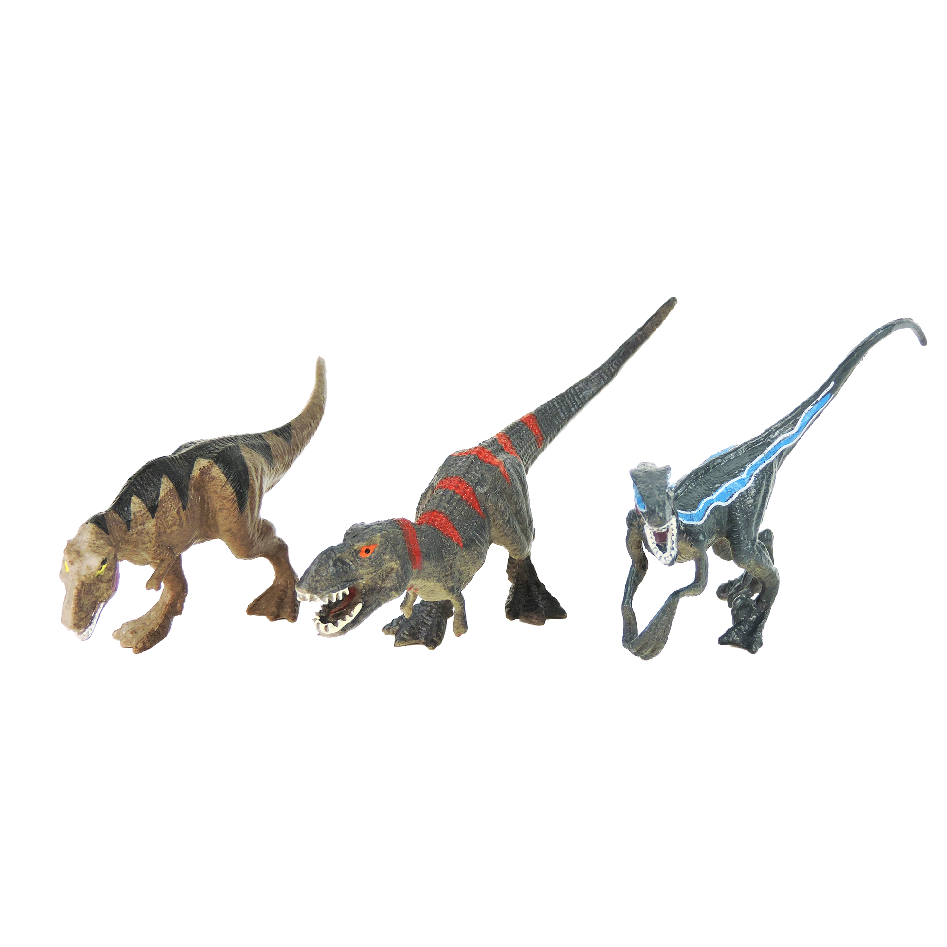 Three Toysmith Mini Dinos by Toysmith are shown side by side on a white background, each with distinct colors and patterns, representing various theropod dinosaur species.