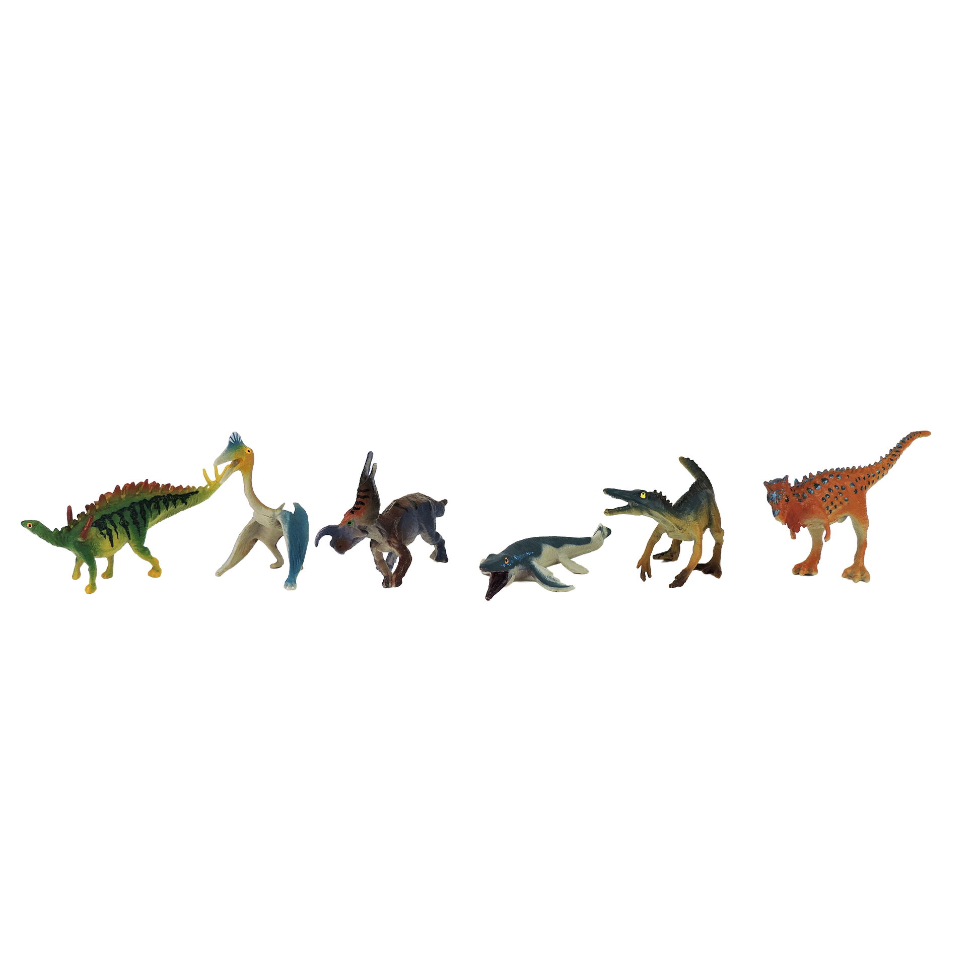 Six Toysmith Mini Dinos plastic figurines by Toysmith are arranged in a row on a white background.