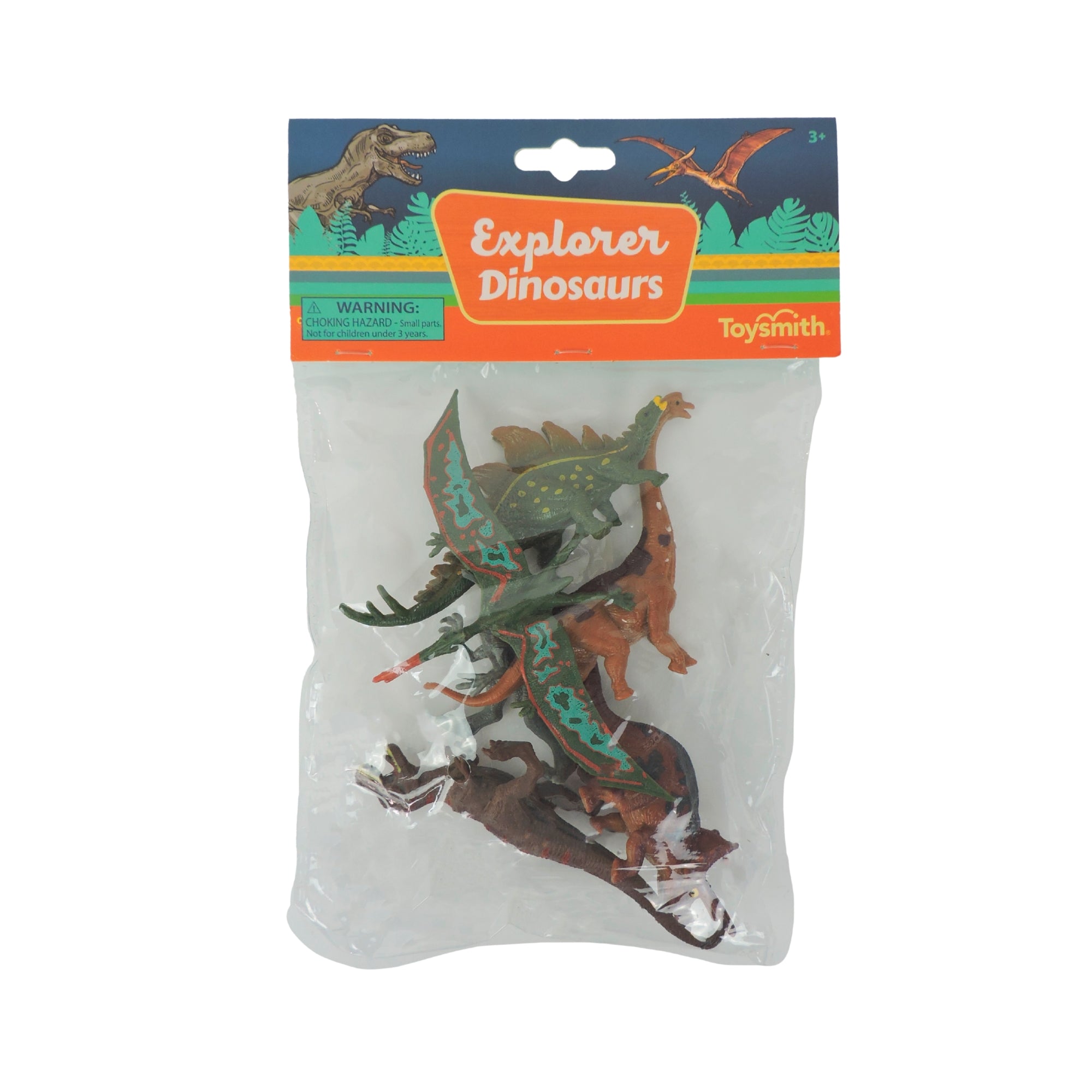The Toysmith 5in Explorer Dinosaurs comes in a clear bag with colorful dinosaur toys inside. The packaging showcases Mighty Dinosaurs illustrations and the Toysmith logo, capturing the excitement of Jurassic world adventures.